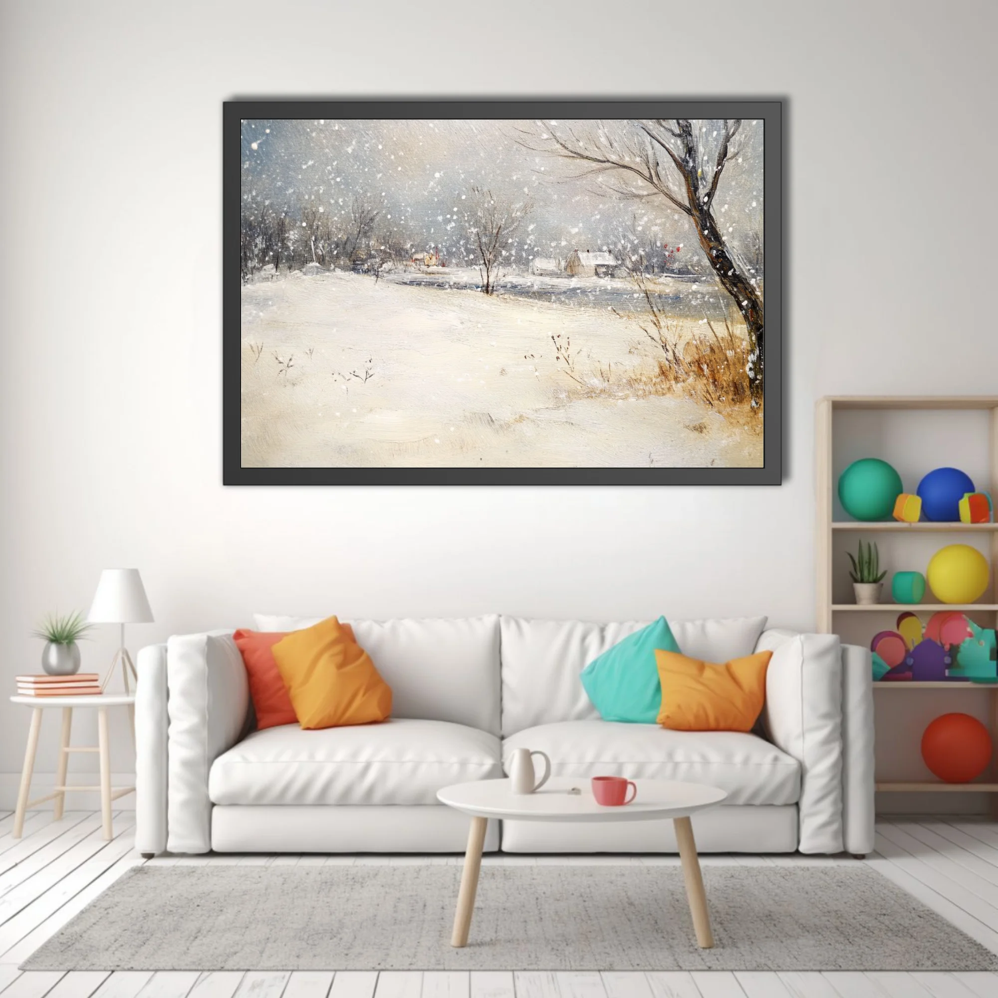 Soft painterly snowy countryside scene with cottages, bare trees, and falling snow in muted blue-grey tones