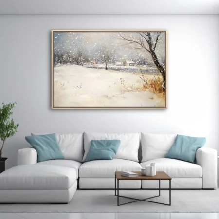 Soft painterly snowy countryside scene with cottages, bare trees, and falling snow in muted blue-grey tones