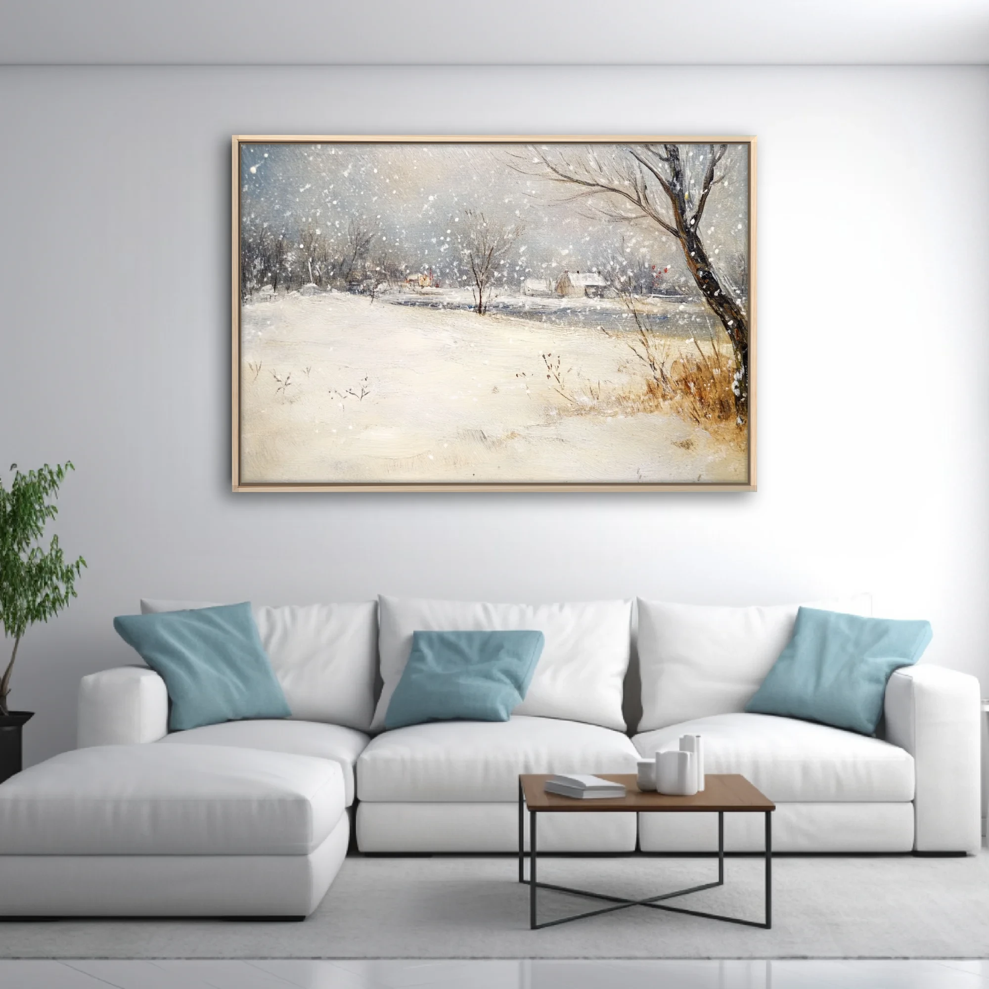 Soft painterly snowy countryside scene with cottages, bare trees, and falling snow in muted blue-grey tones