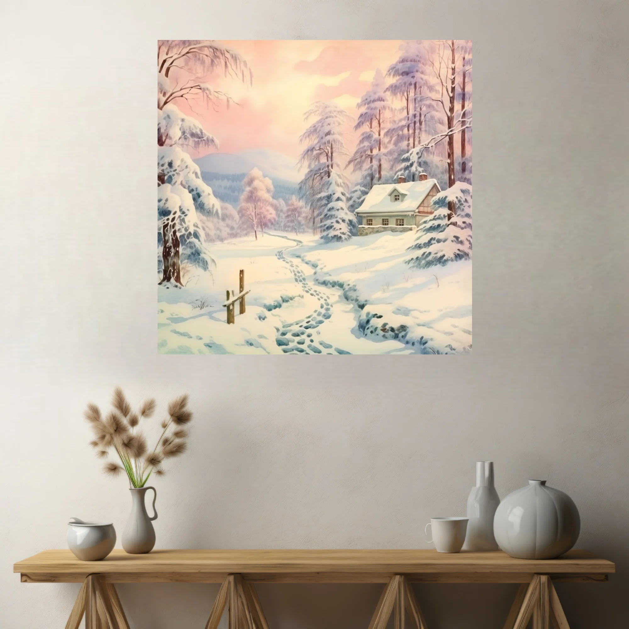 Pastel watercolor-style winter landscape with snow-covered cottage and frosted trees