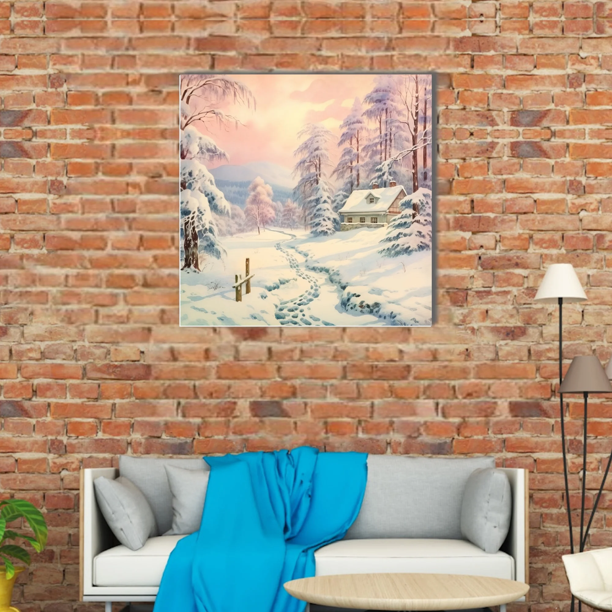Pastel watercolor-style winter landscape with snow-covered cottage and frosted trees
