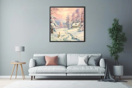 Pastel watercolor-style winter landscape with snow-covered cottage and frosted trees