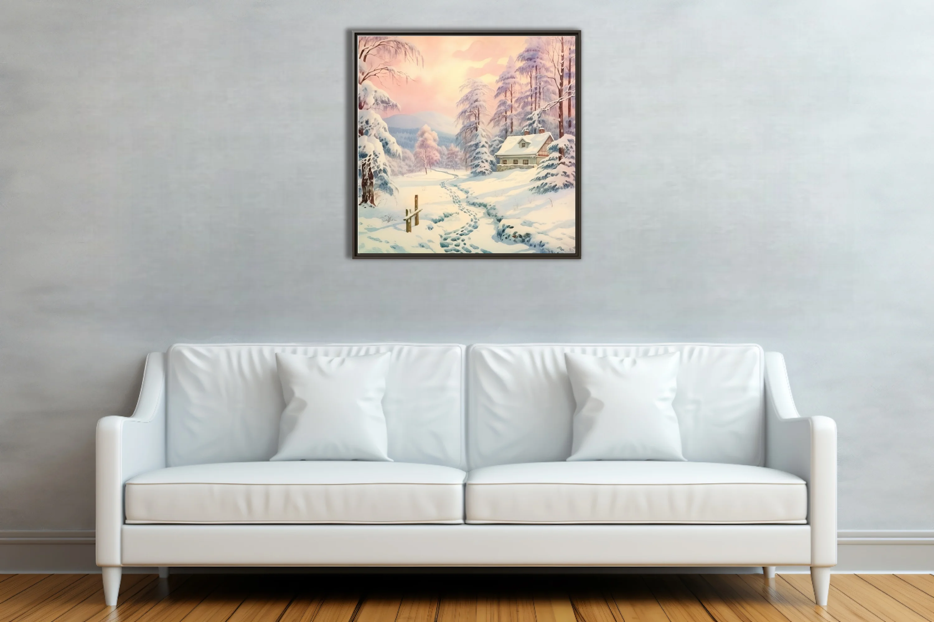 Pastel watercolor-style winter landscape with snow-covered cottage and frosted trees