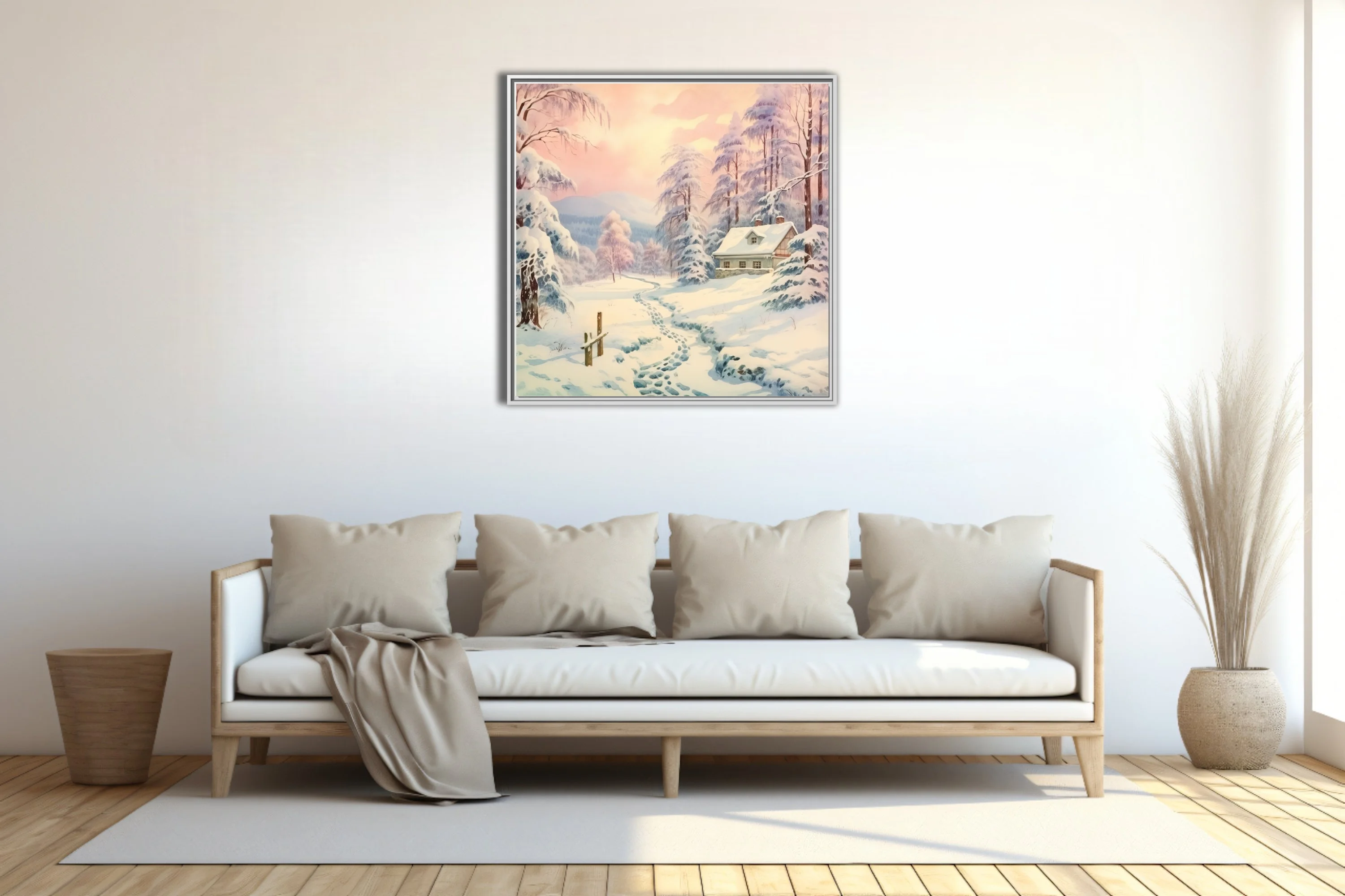 Pastel watercolor-style winter landscape with snow-covered cottage and frosted trees