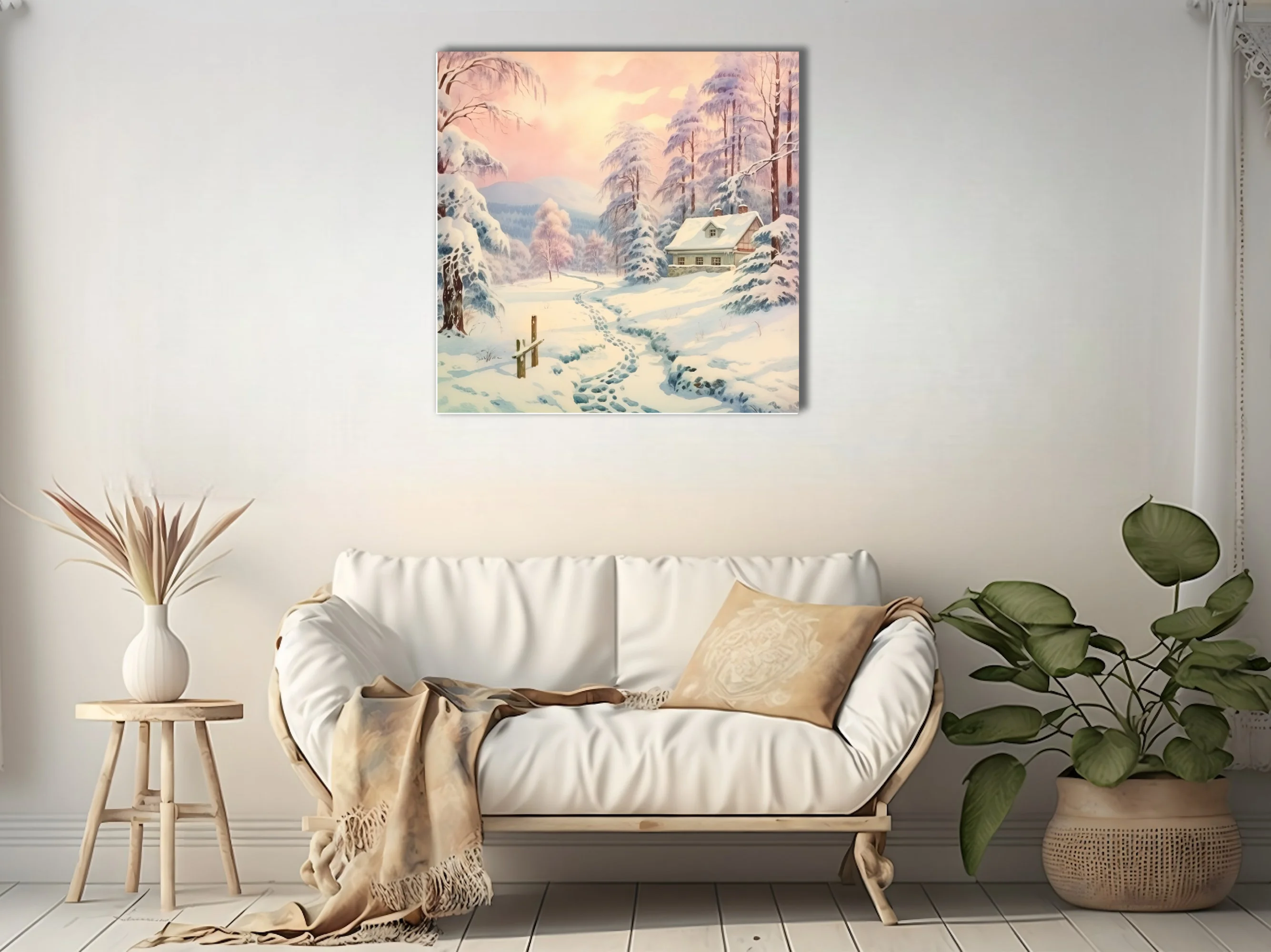 Pastel watercolor-style winter landscape with snow-covered cottage and frosted trees