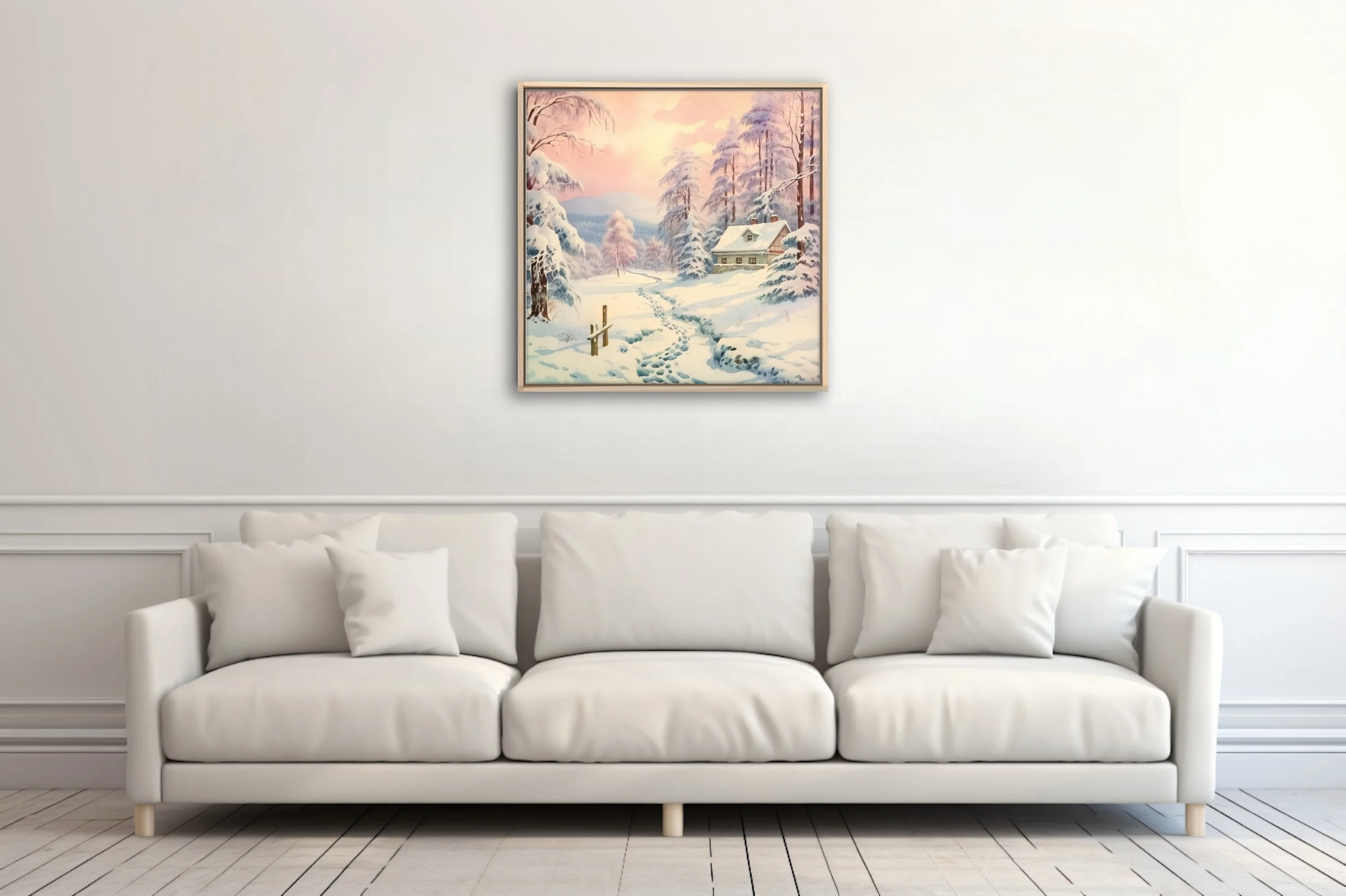 Pastel watercolor-style winter landscape with snow-covered cottage and frosted trees