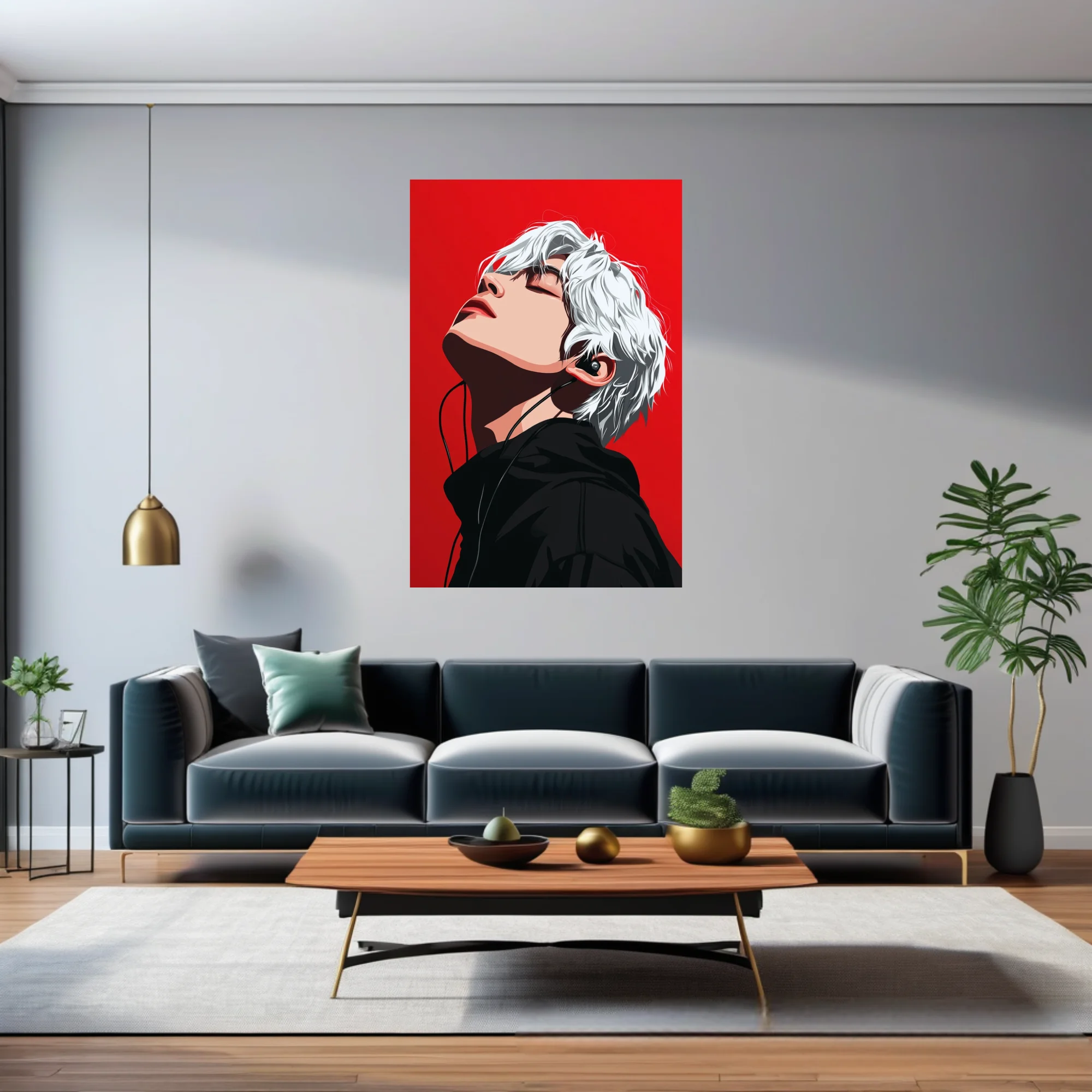Stylized portrait white-haired figure listening to music red background bold contrast