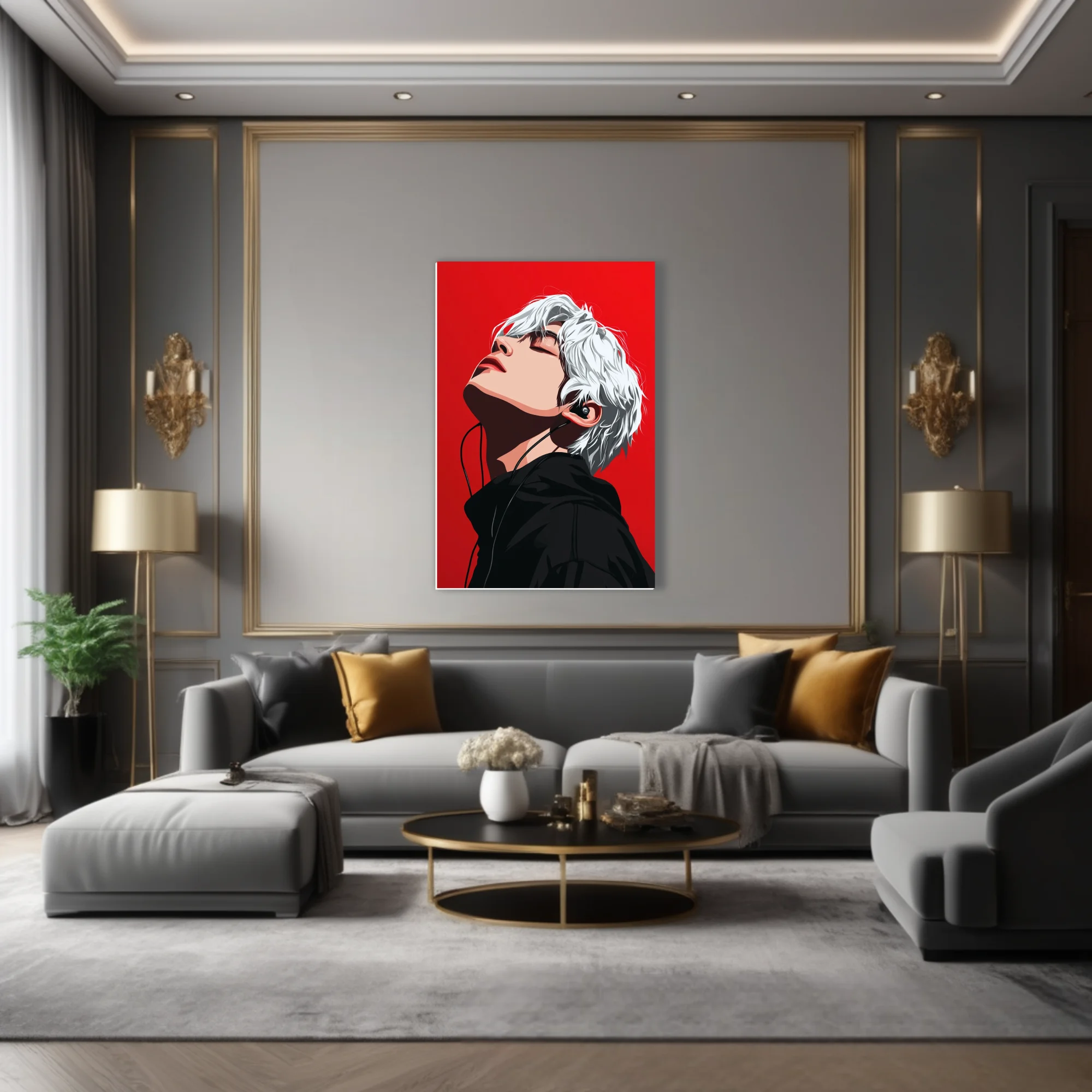 Stylized portrait white-haired figure listening to music red background bold contrast