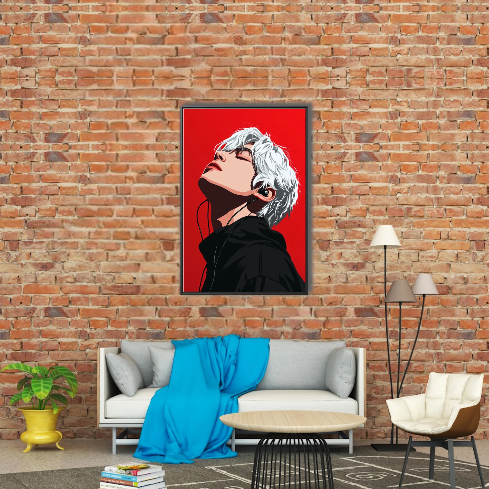 Stylized portrait white-haired figure listening to music red background bold contrast