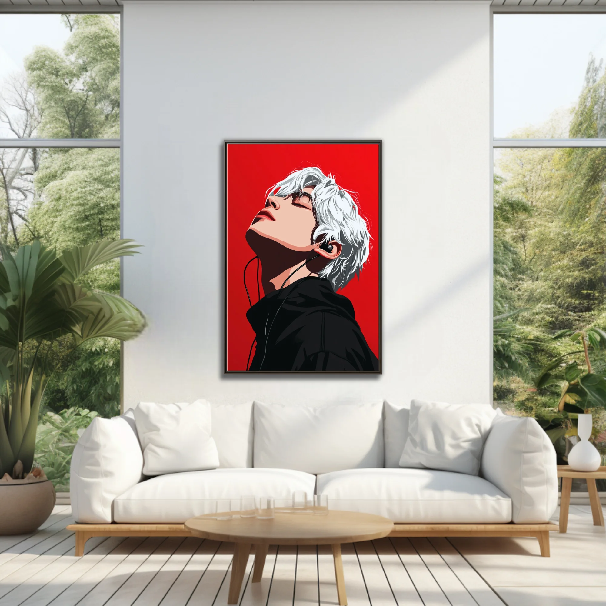 Stylized portrait white-haired figure listening to music red background bold contrast