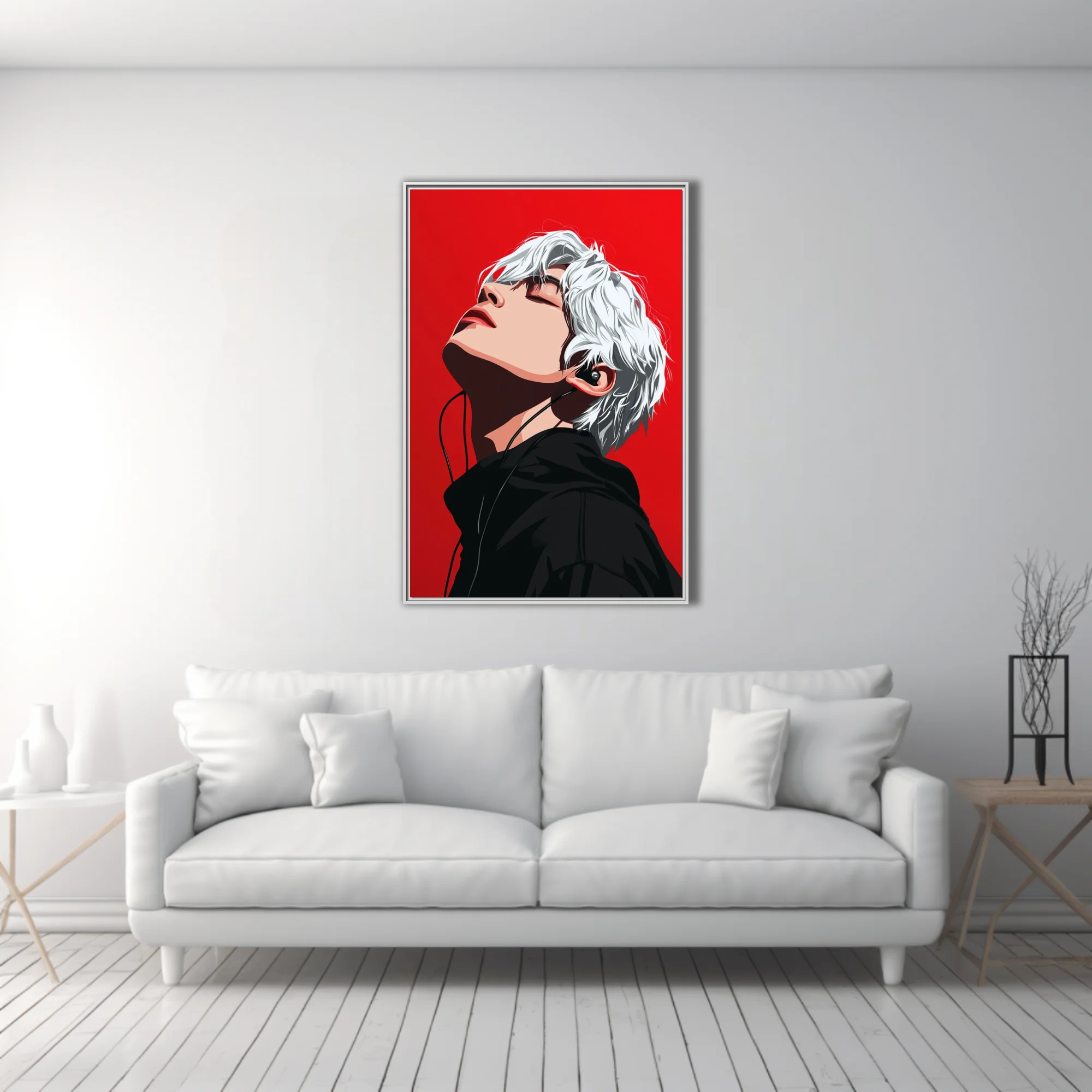 Stylized portrait white-haired figure listening to music red background bold contrast