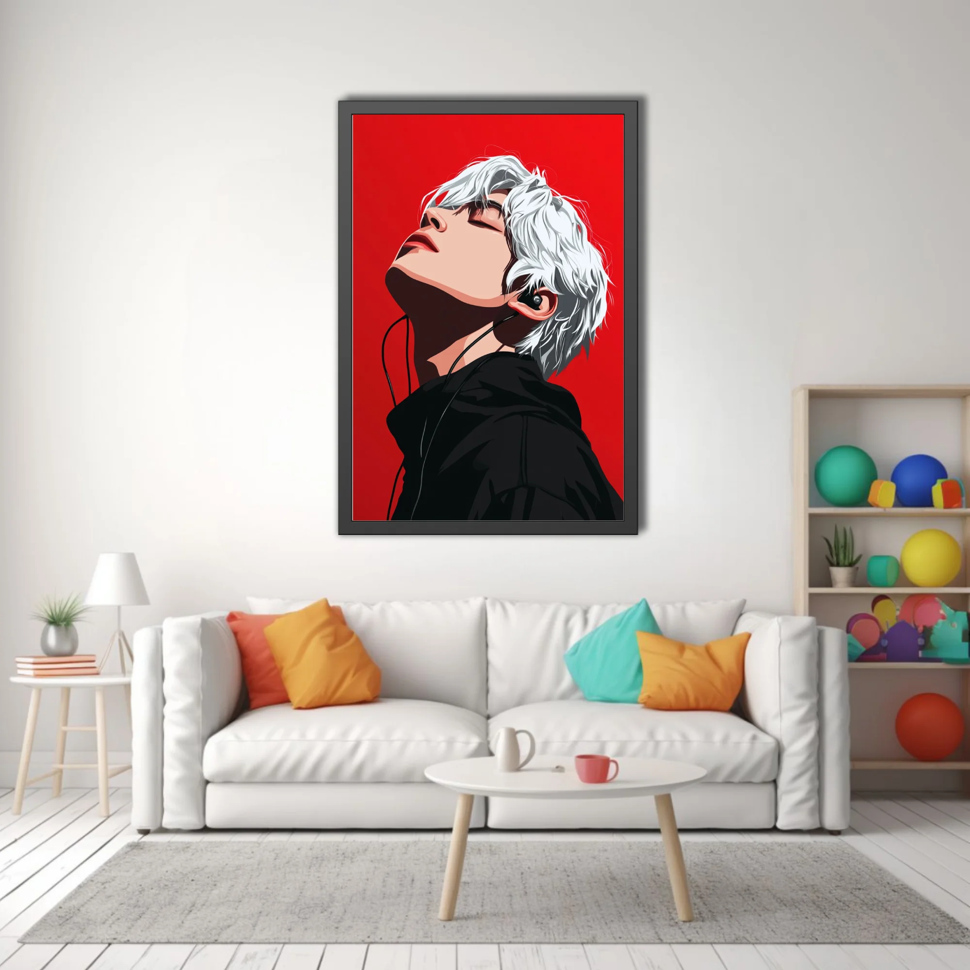 Stylized portrait white-haired figure listening to music red background bold contrast