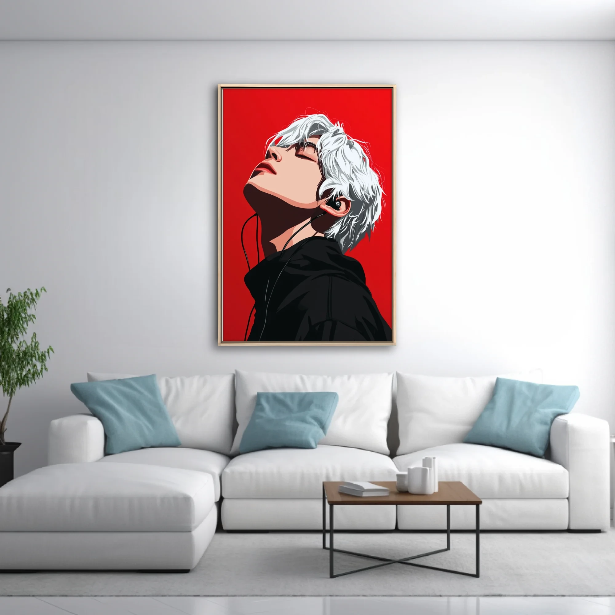 Stylized portrait white-haired figure listening to music red background bold contrast