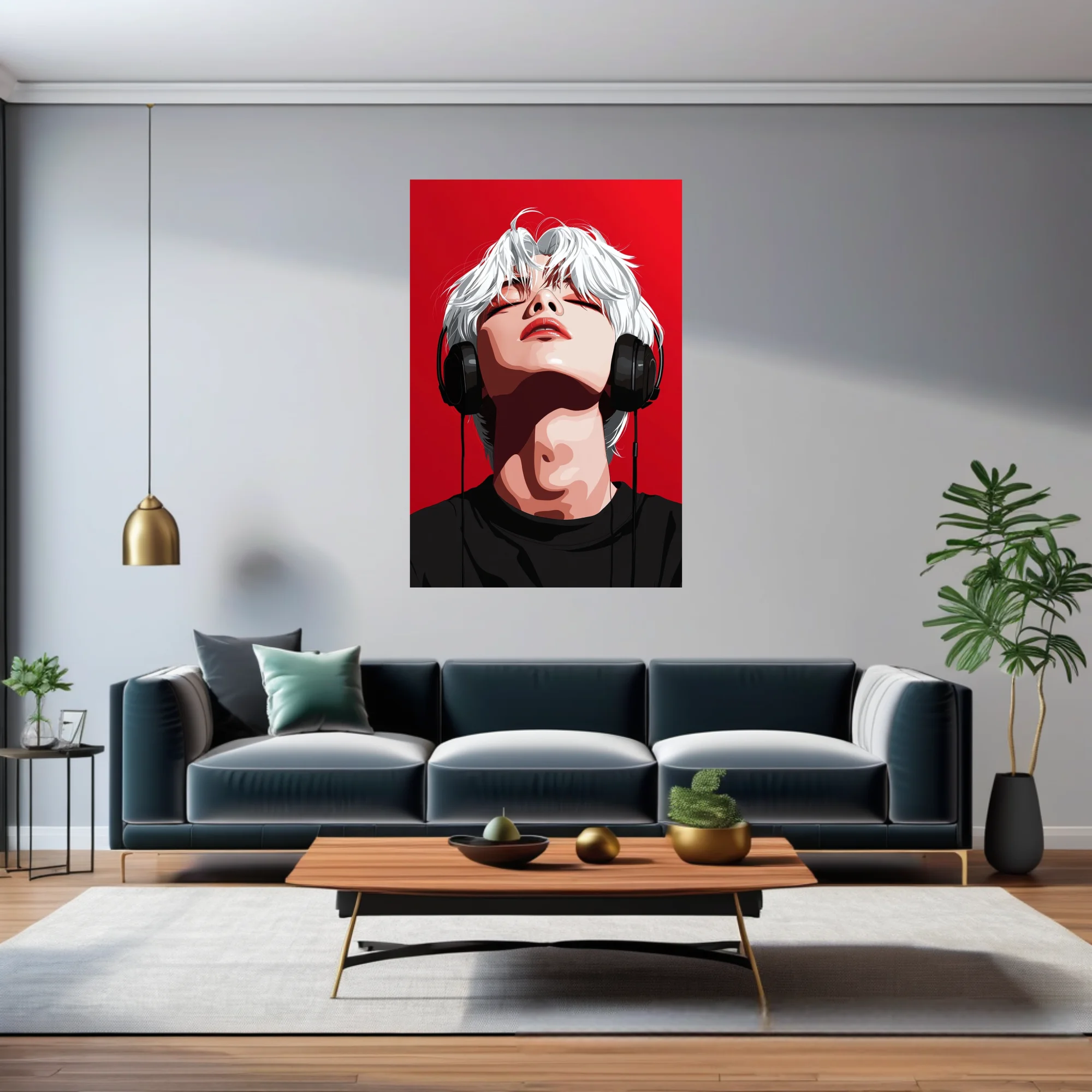 Stylized pop-style portrait, white-haired figure with headphones, bold red background