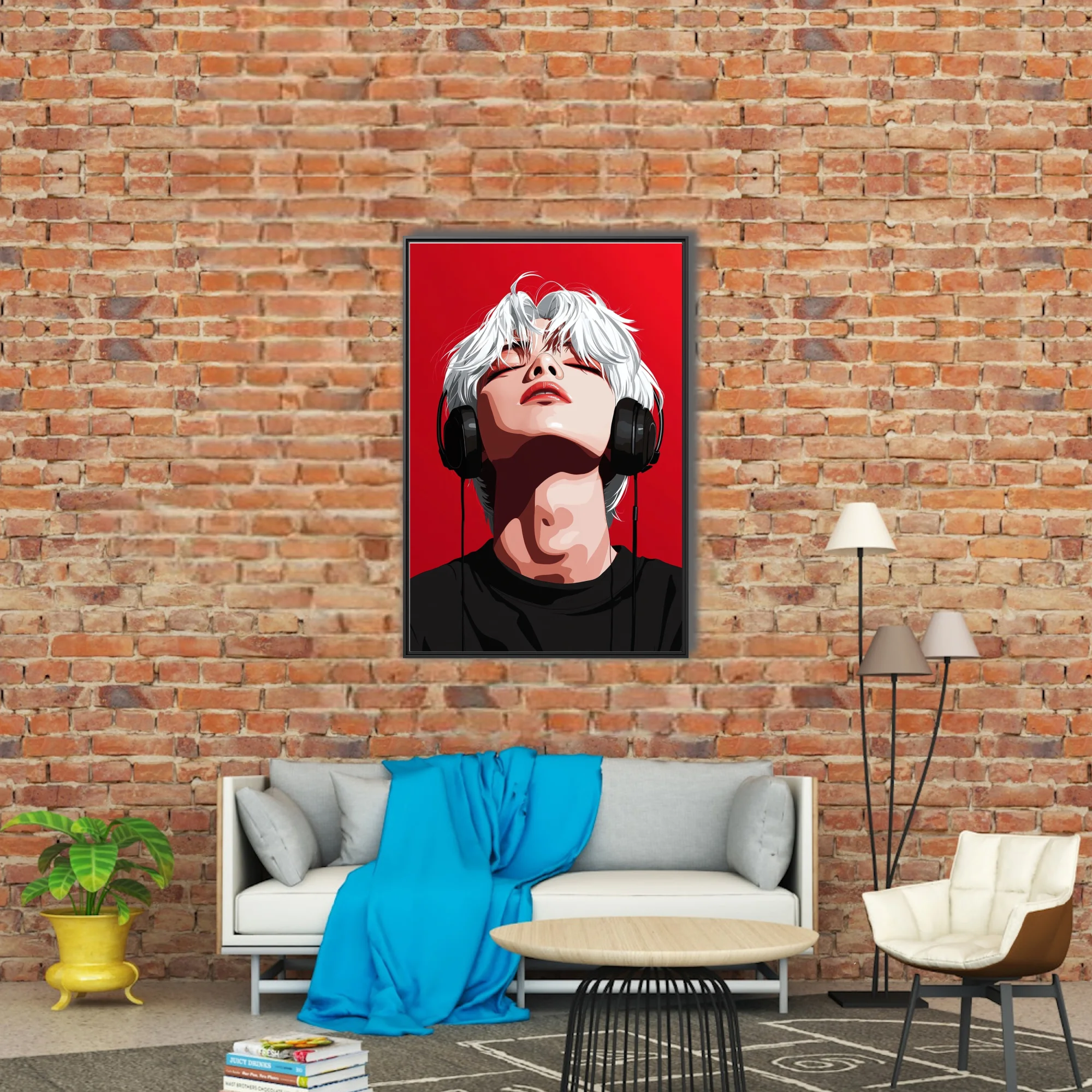Stylized pop-style portrait, white-haired figure with headphones, bold red background