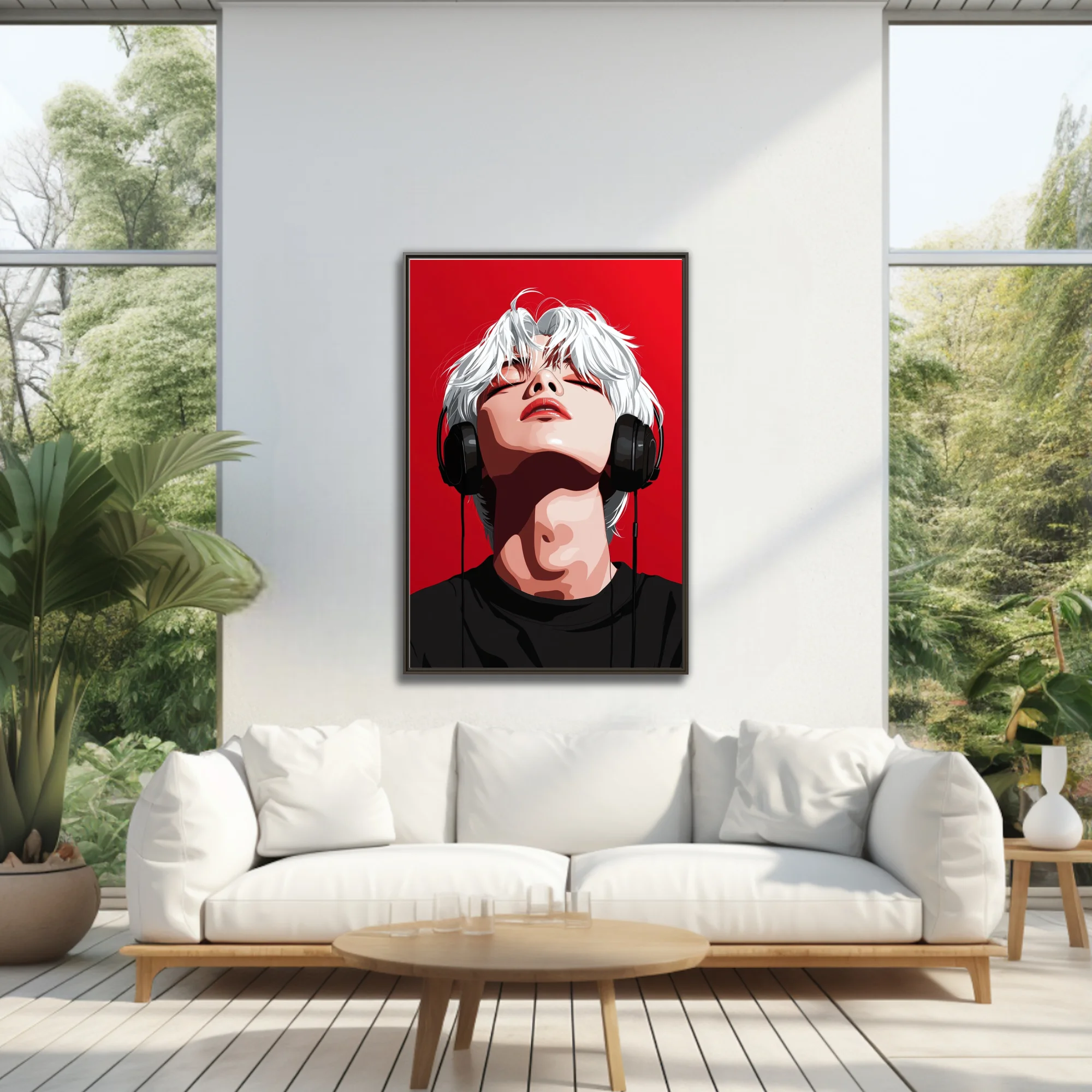 Stylized pop-style portrait, white-haired figure with headphones, bold red background