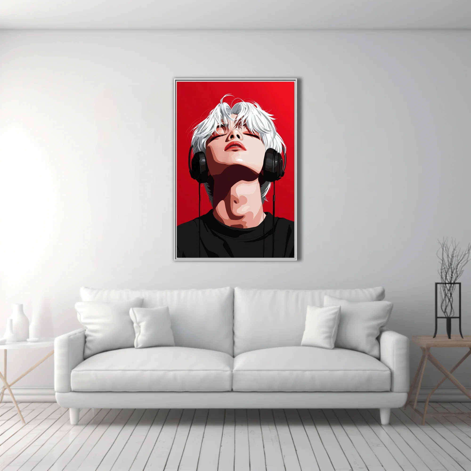 Stylized pop-style portrait, white-haired figure with headphones, bold red background