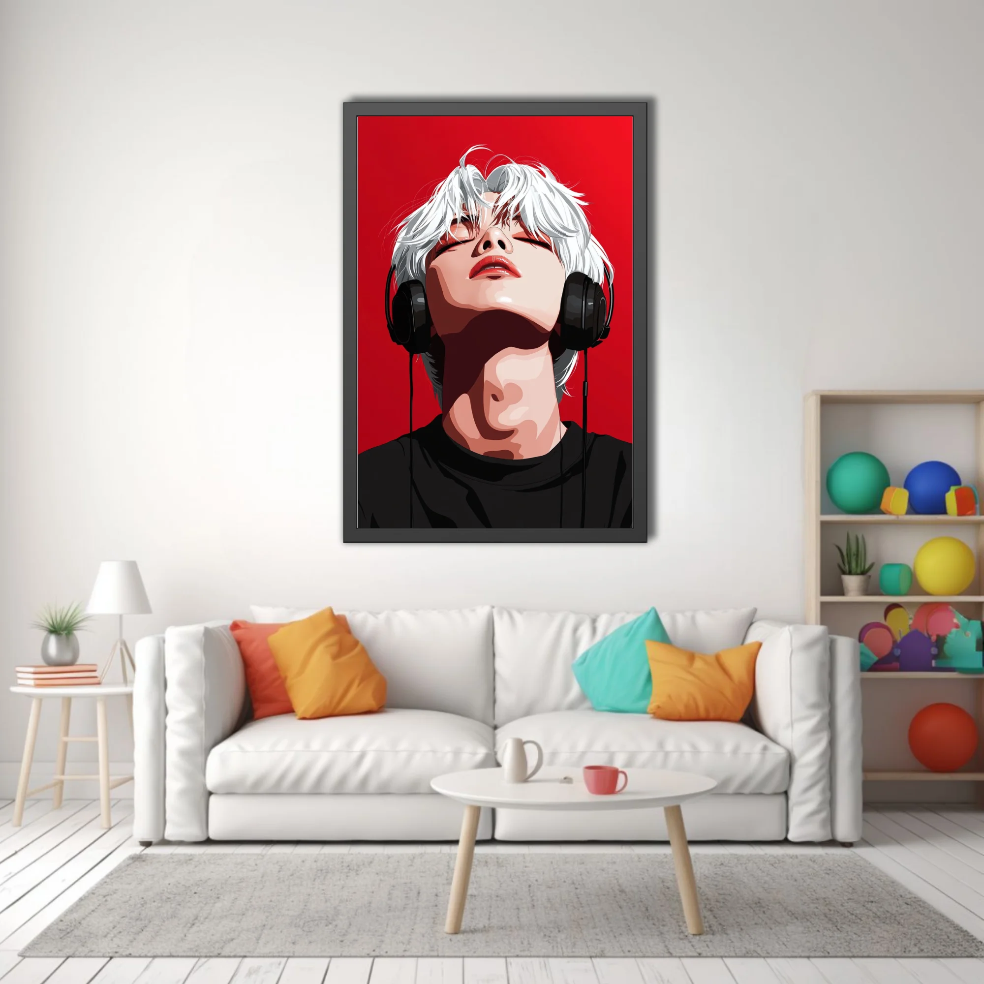 Stylized pop-style portrait, white-haired figure with headphones, bold red background