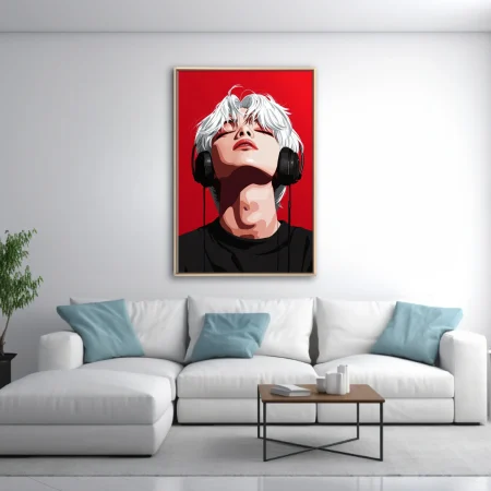 Stylized pop-style portrait, white-haired figure with headphones, bold red background
