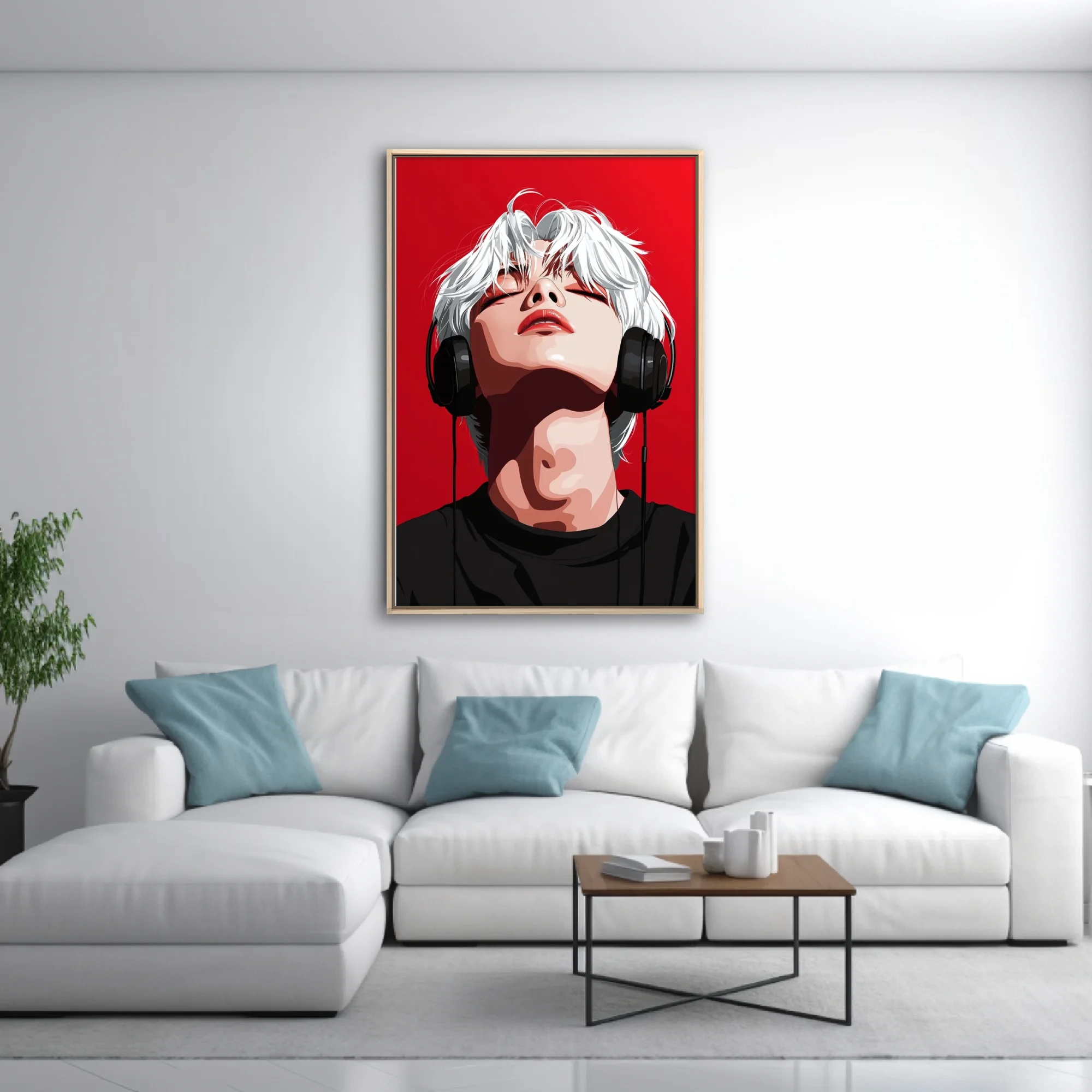 Stylized pop-style portrait, white-haired figure with headphones, bold red background