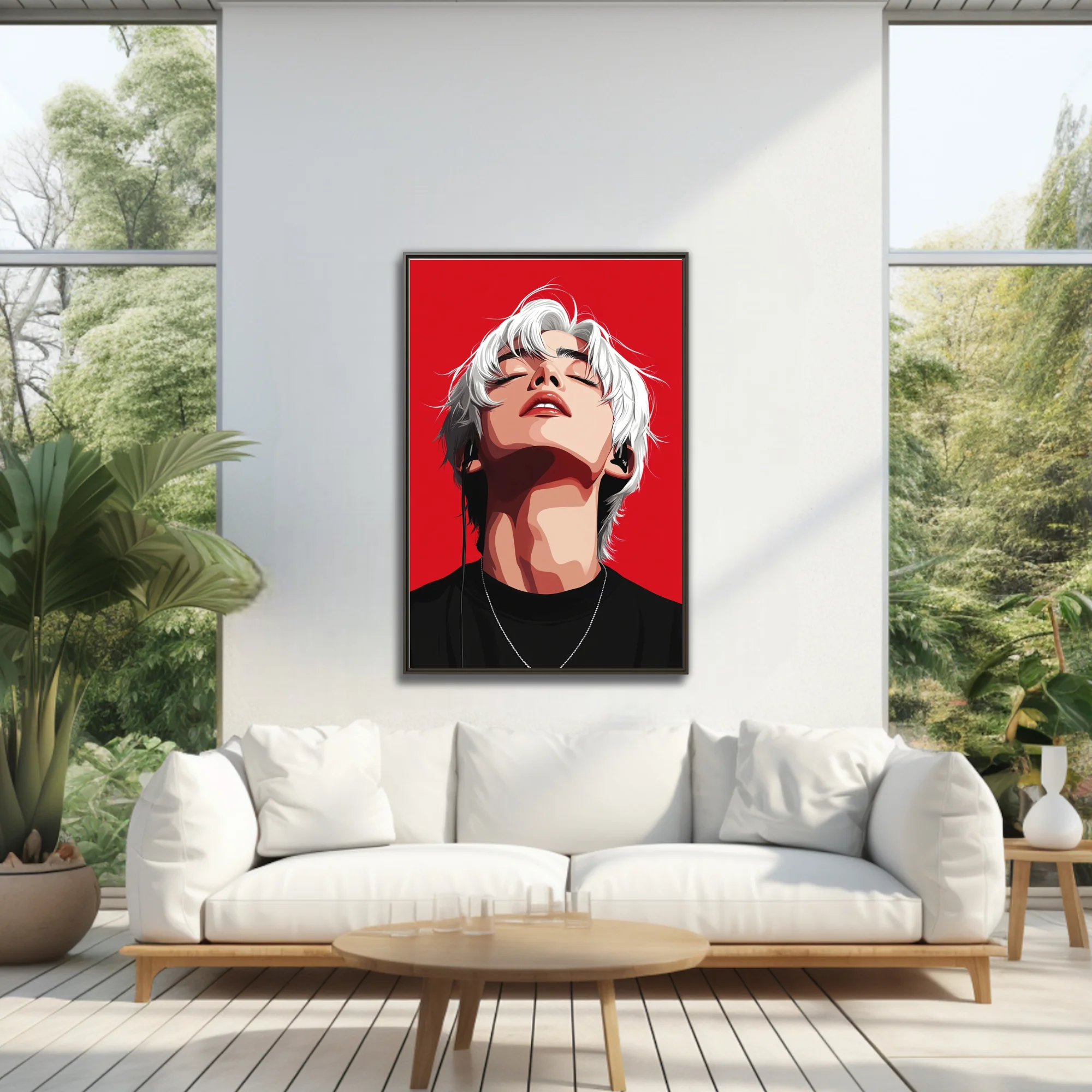 Bold graphic portrait illustration, white-haired figure with earphones, vivid red background