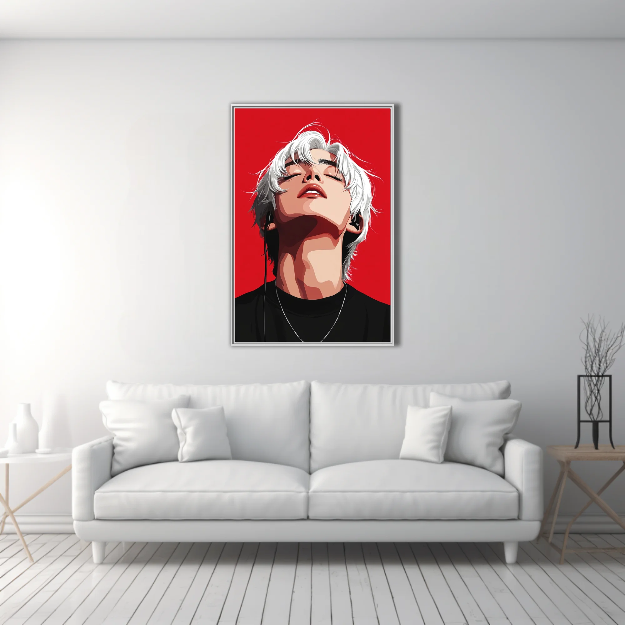 Bold graphic portrait illustration, white-haired figure with earphones, vivid red background