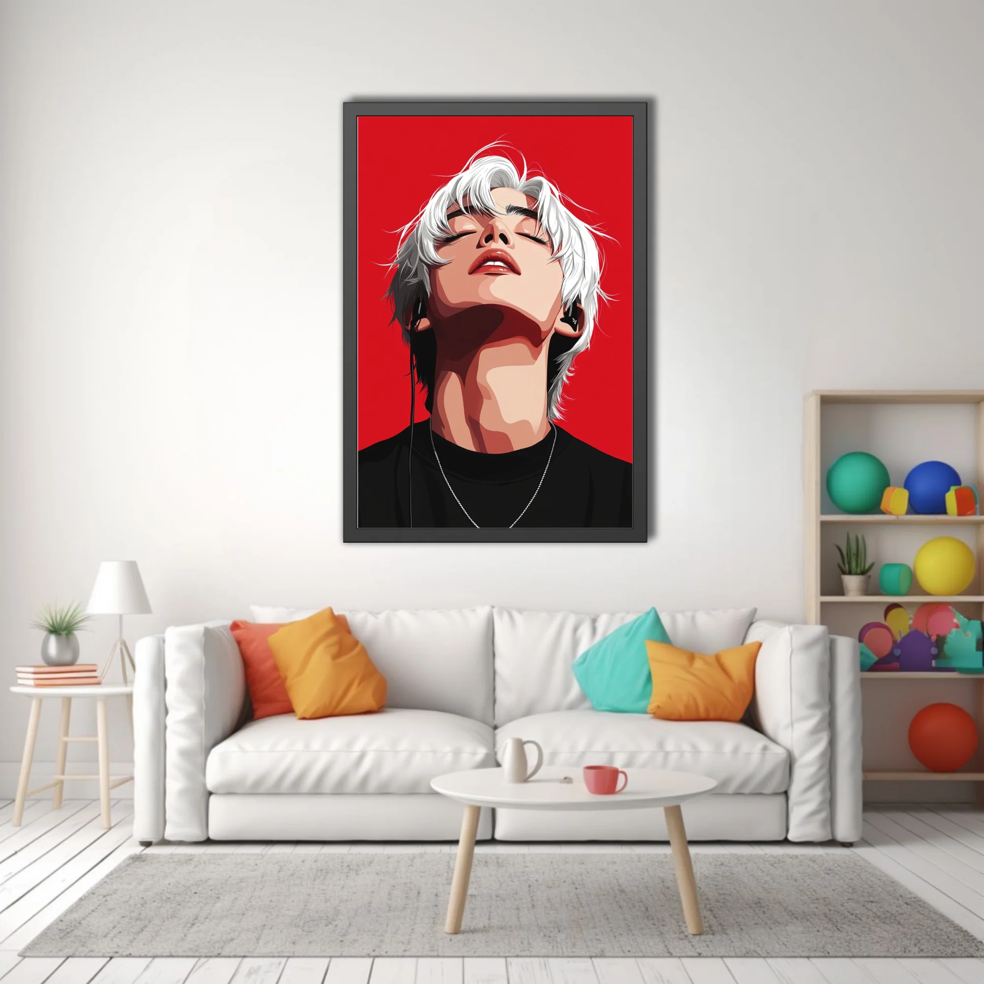 Bold graphic portrait illustration, white-haired figure with earphones, vivid red background