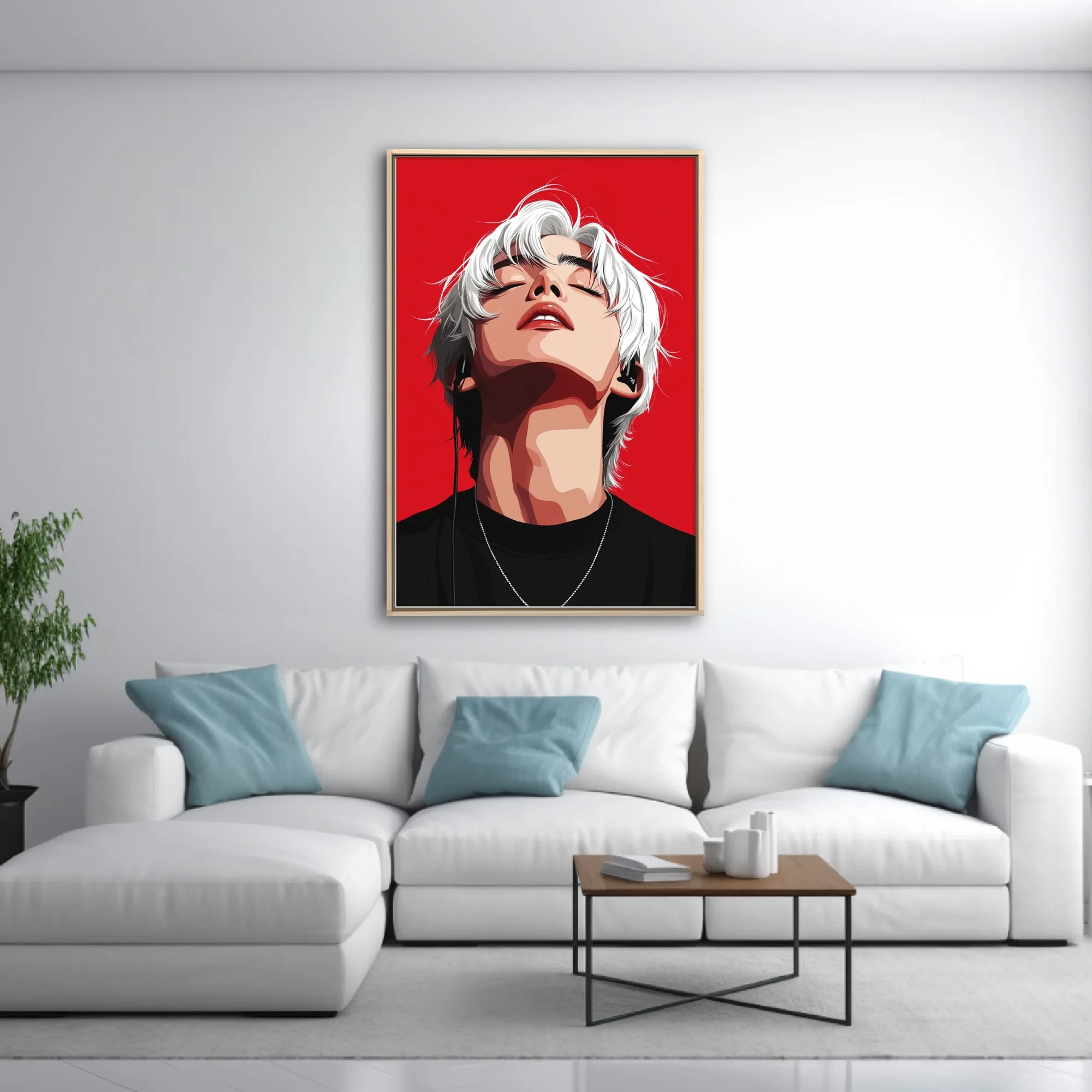 Bold graphic portrait illustration, white-haired figure with earphones, vivid red background