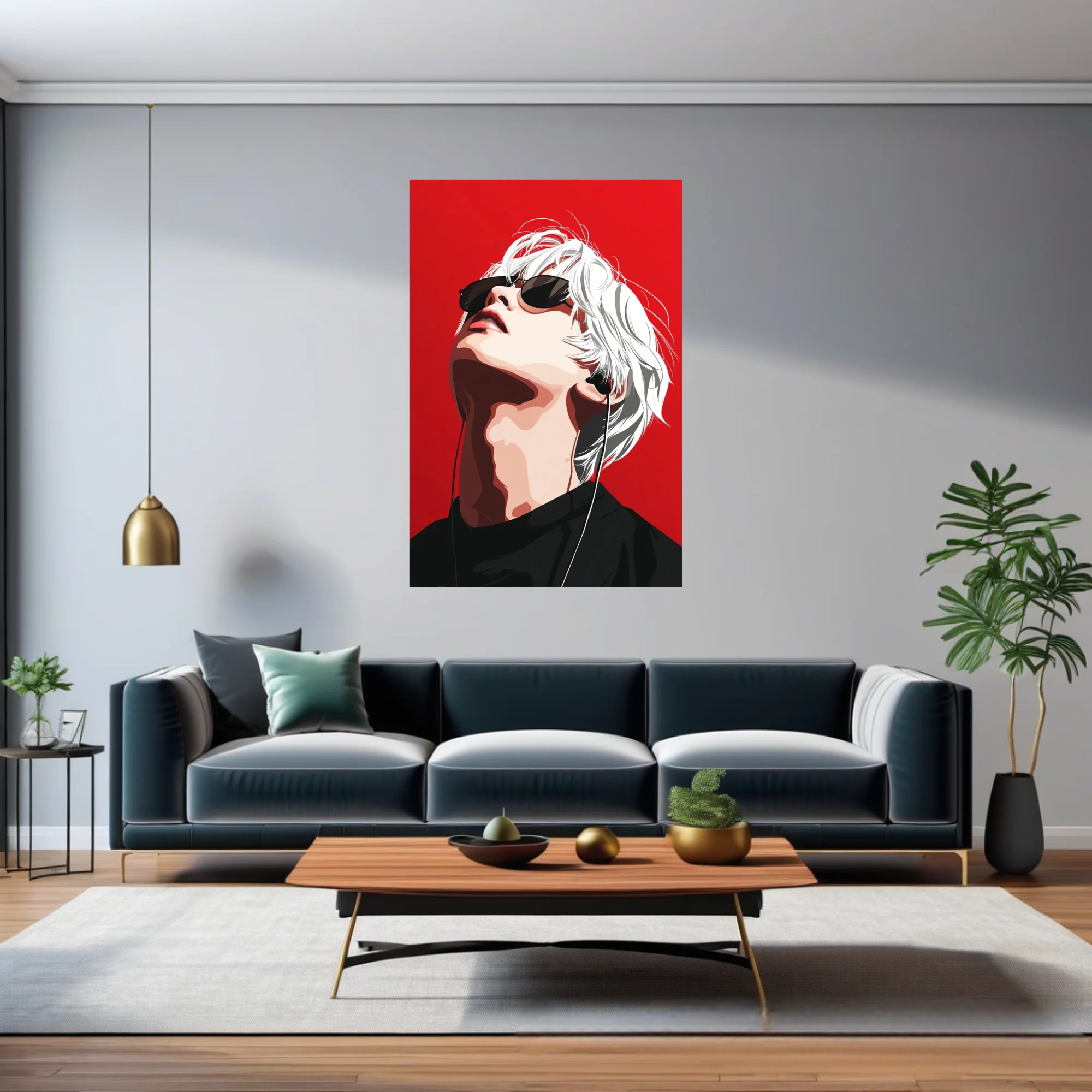 Pop-style white-haired figure with sunglasses and earphones on vivid red background
