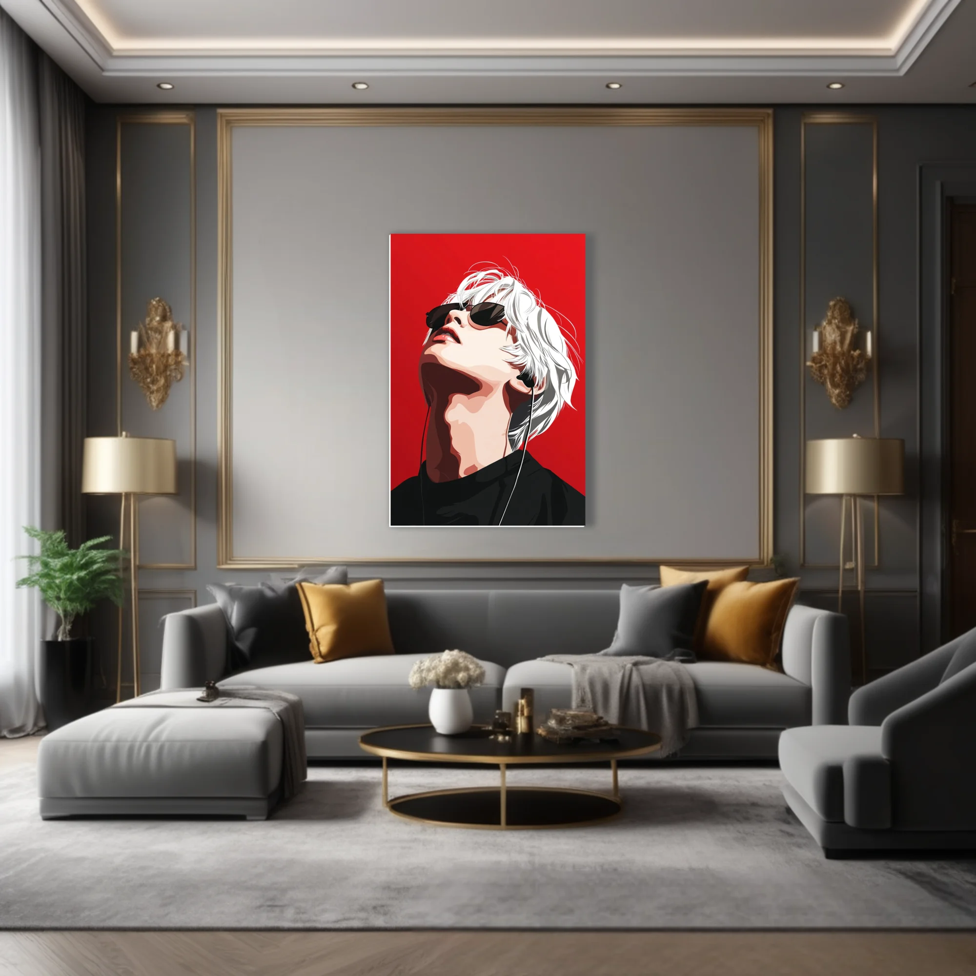 Pop-style white-haired figure with sunglasses and earphones on vivid red background