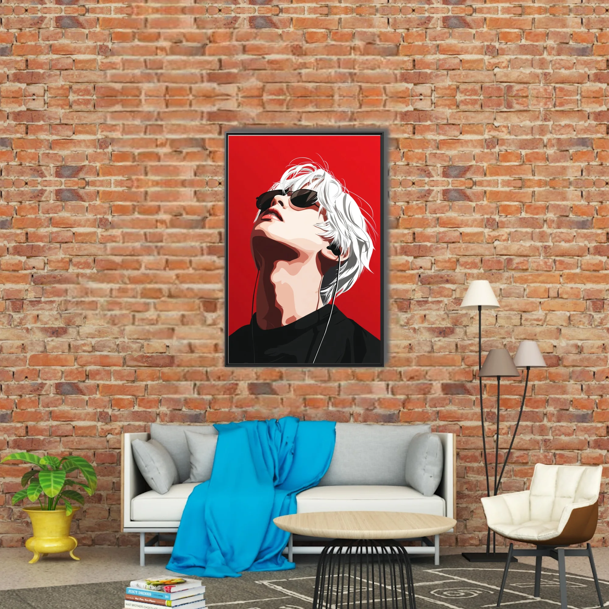 Pop-style white-haired figure with sunglasses and earphones on vivid red background