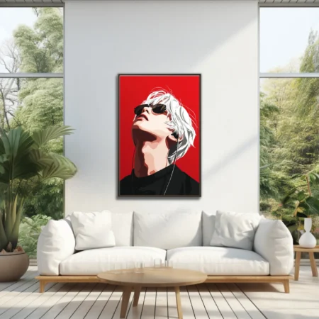 Pop-style white-haired figure with sunglasses and earphones on vivid red background