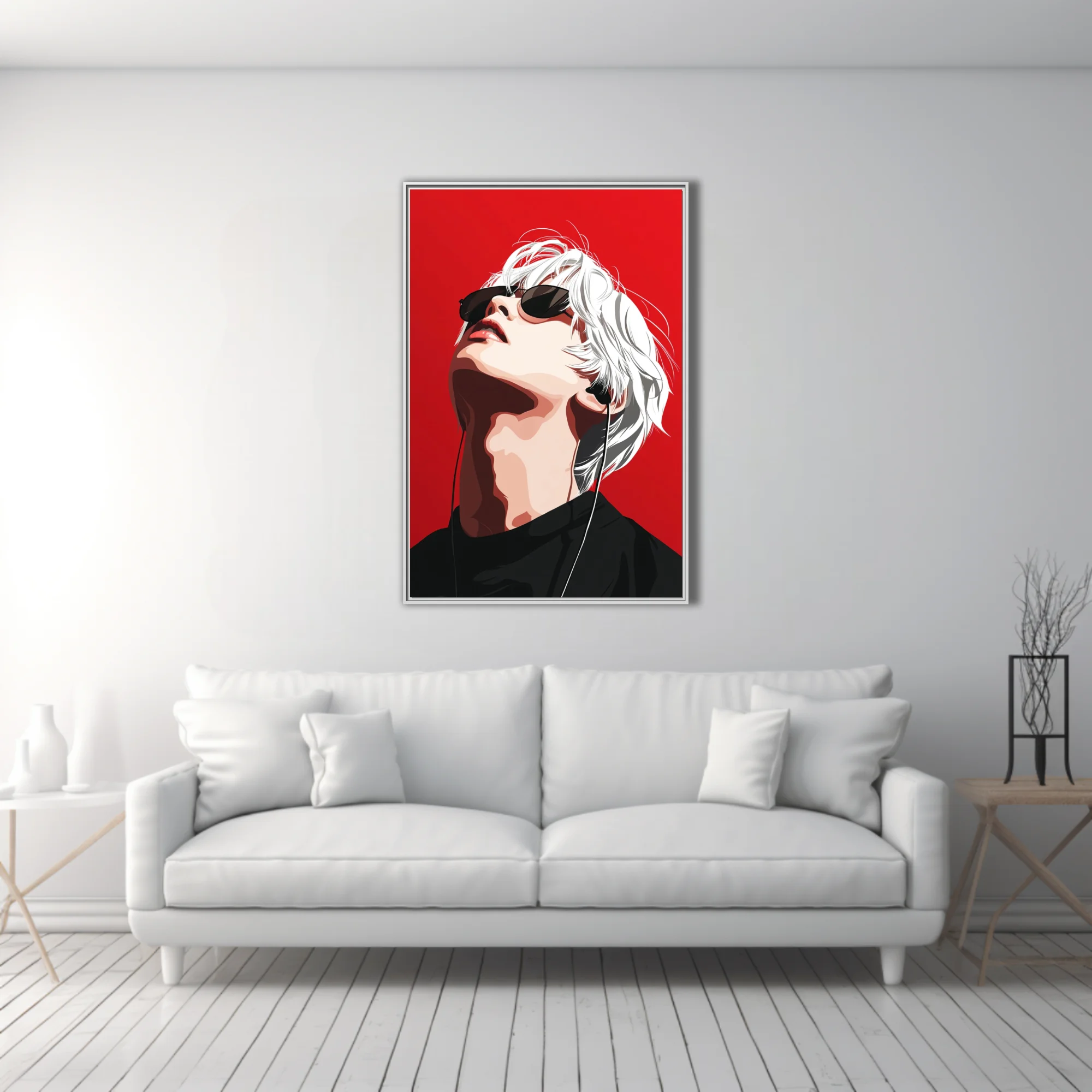 Pop-style white-haired figure with sunglasses and earphones on vivid red background