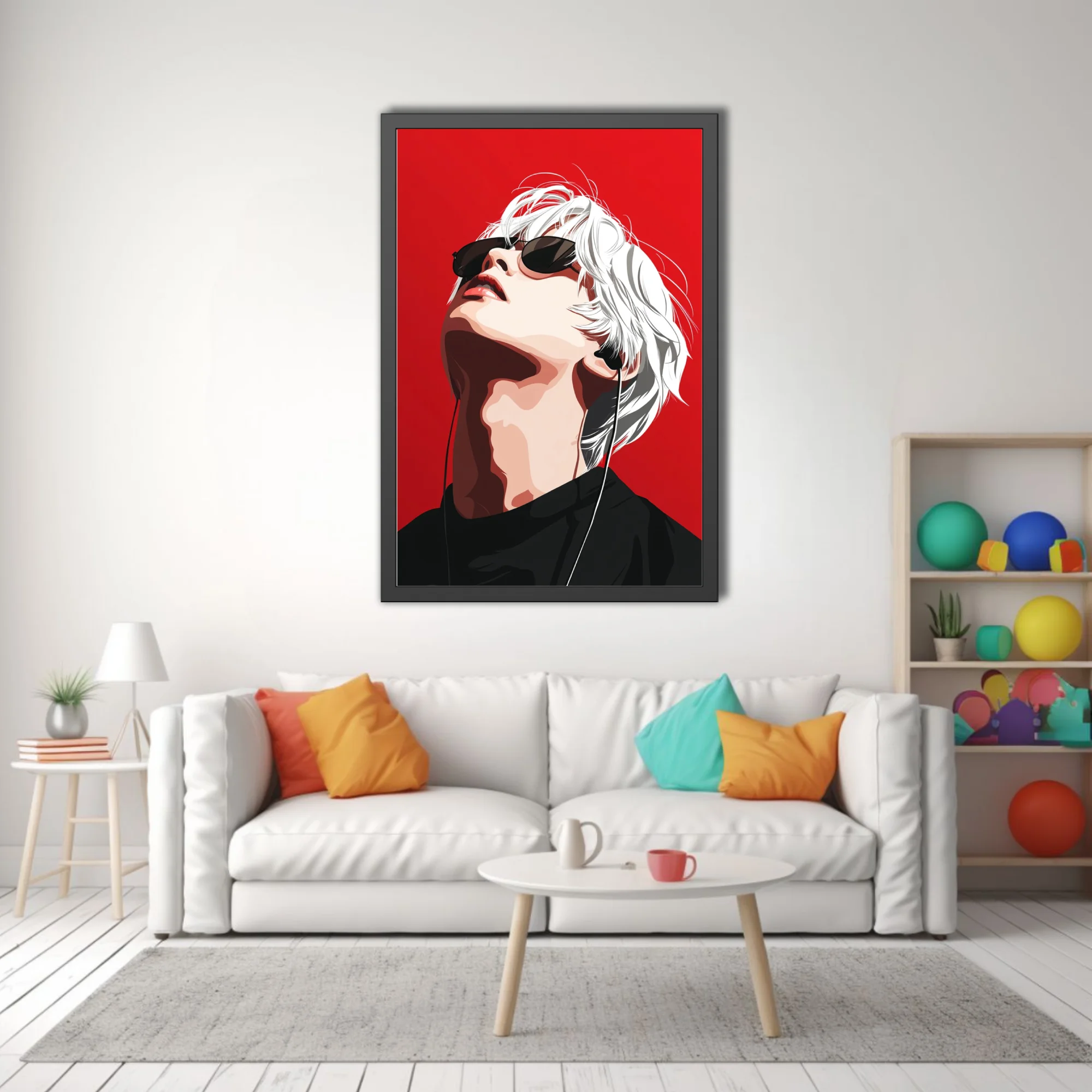 Pop-style white-haired figure with sunglasses and earphones on vivid red background
