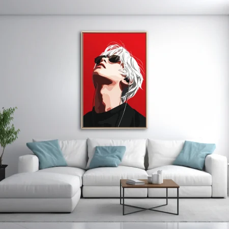 Pop-style white-haired figure with sunglasses and earphones on vivid red background