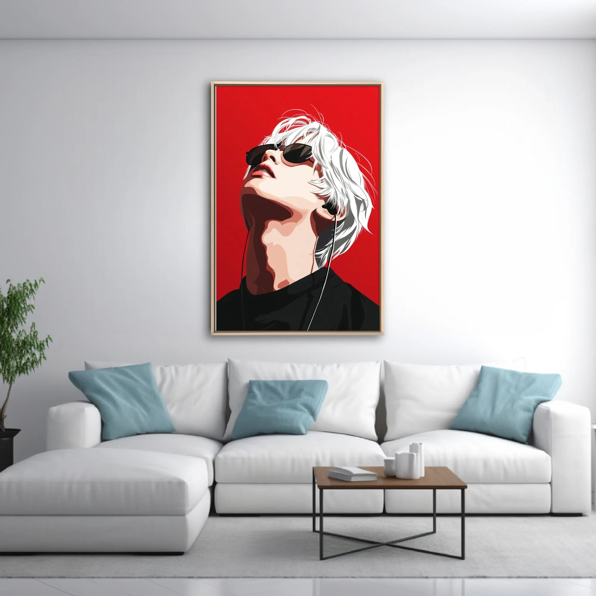 Pop-style white-haired figure with sunglasses and earphones on vivid red background