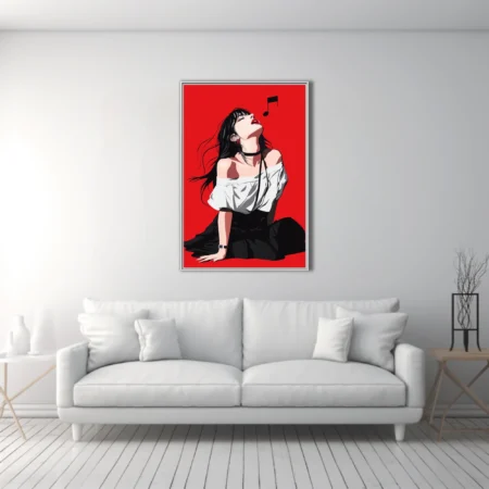 Graphic music figure illustration, red background, black and white with red accents