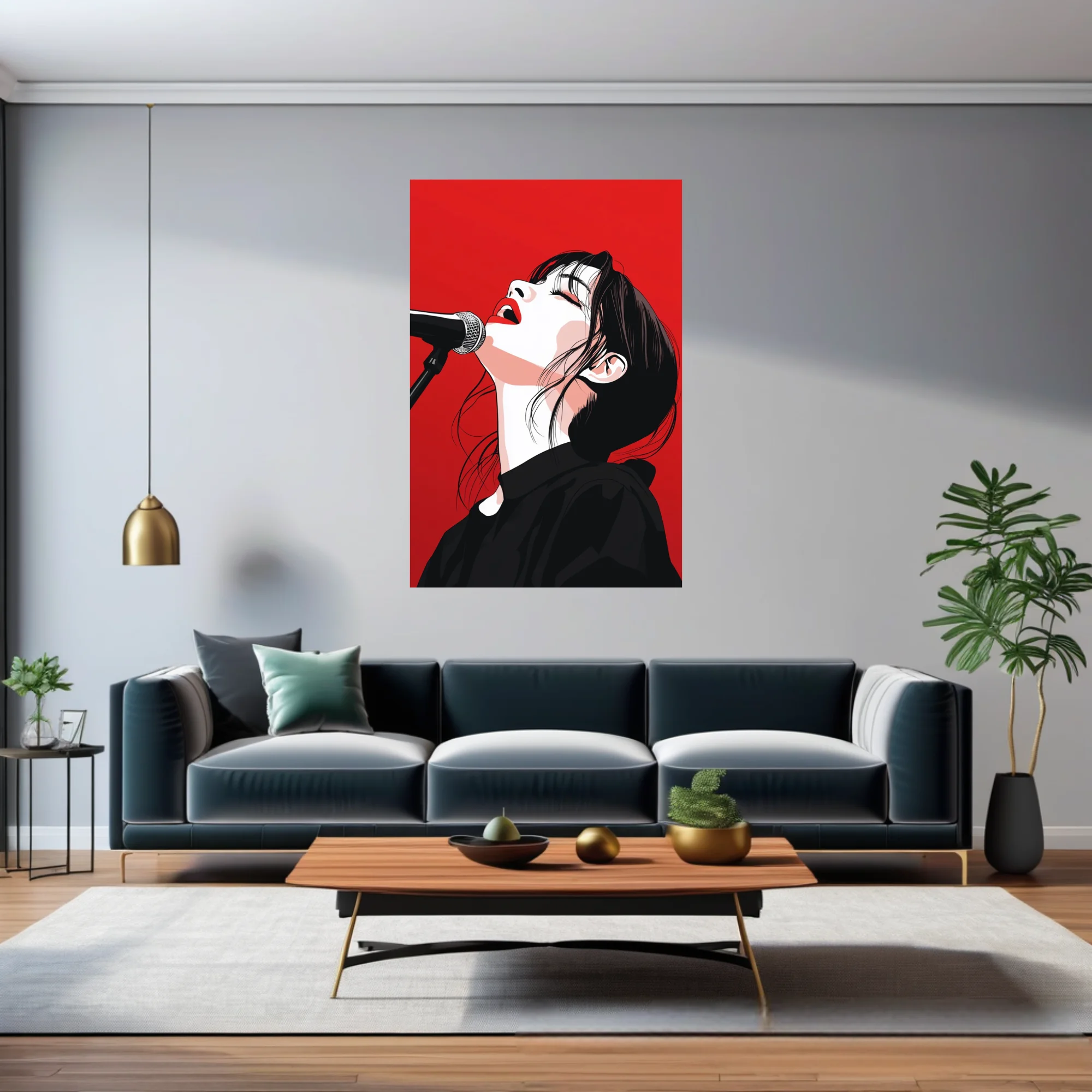 High-contrast graphic illustration of a singer at microphone, red and black palette