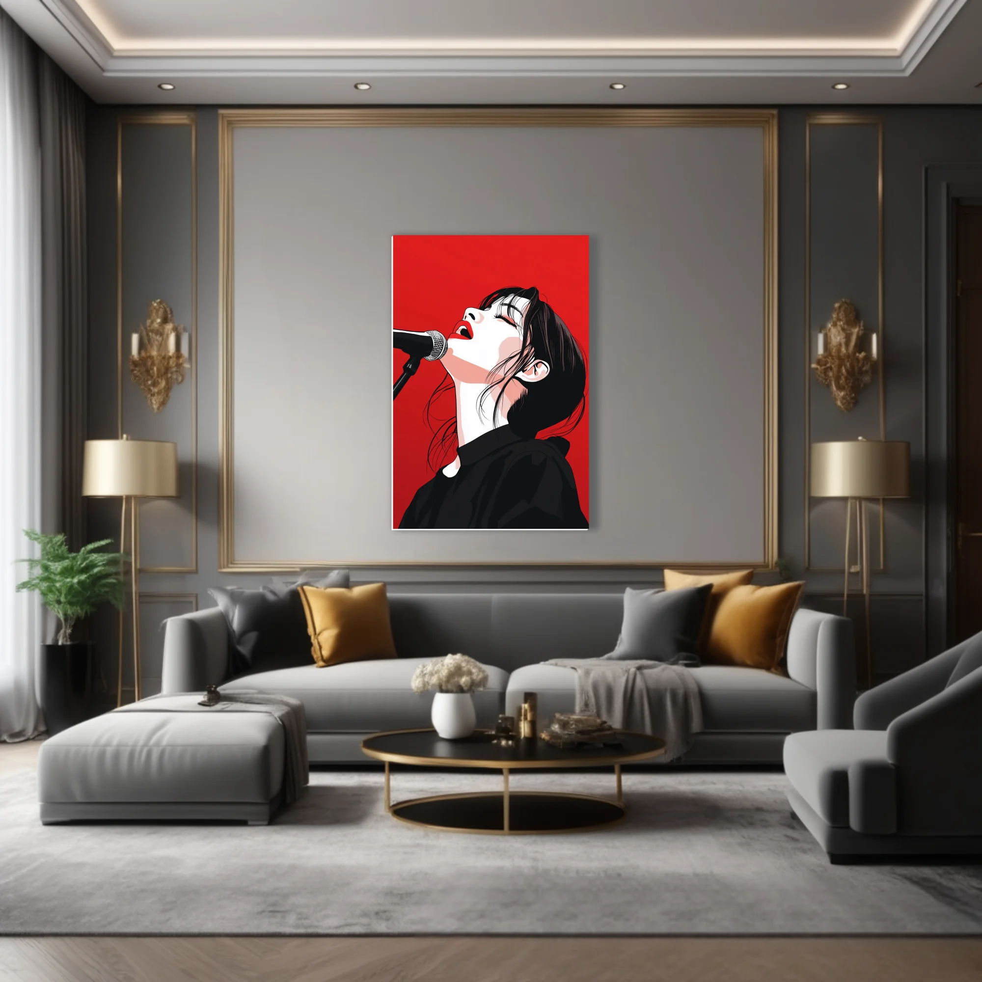 High-contrast graphic illustration of a singer at microphone, red and black palette