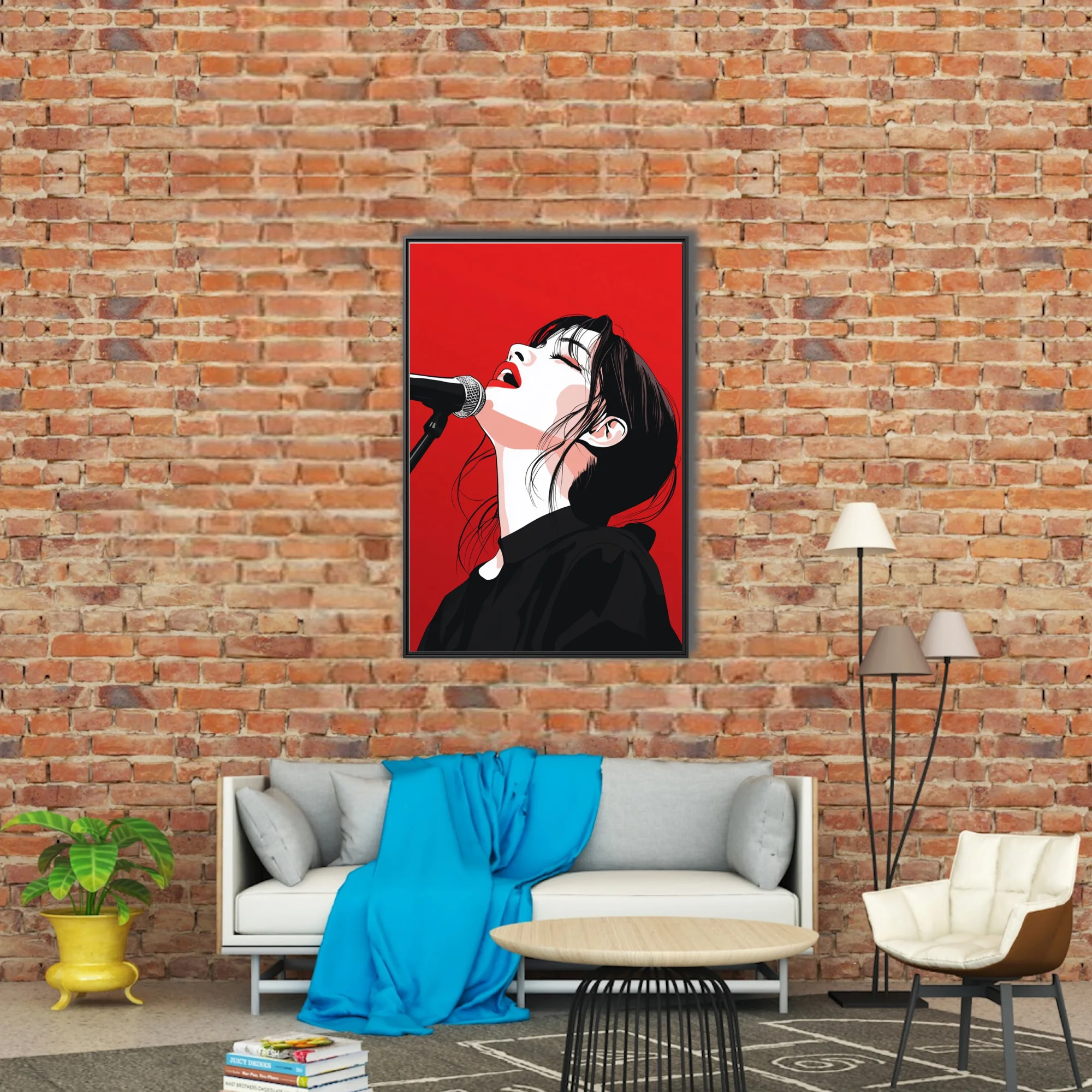 High-contrast graphic illustration of a singer at microphone, red and black palette