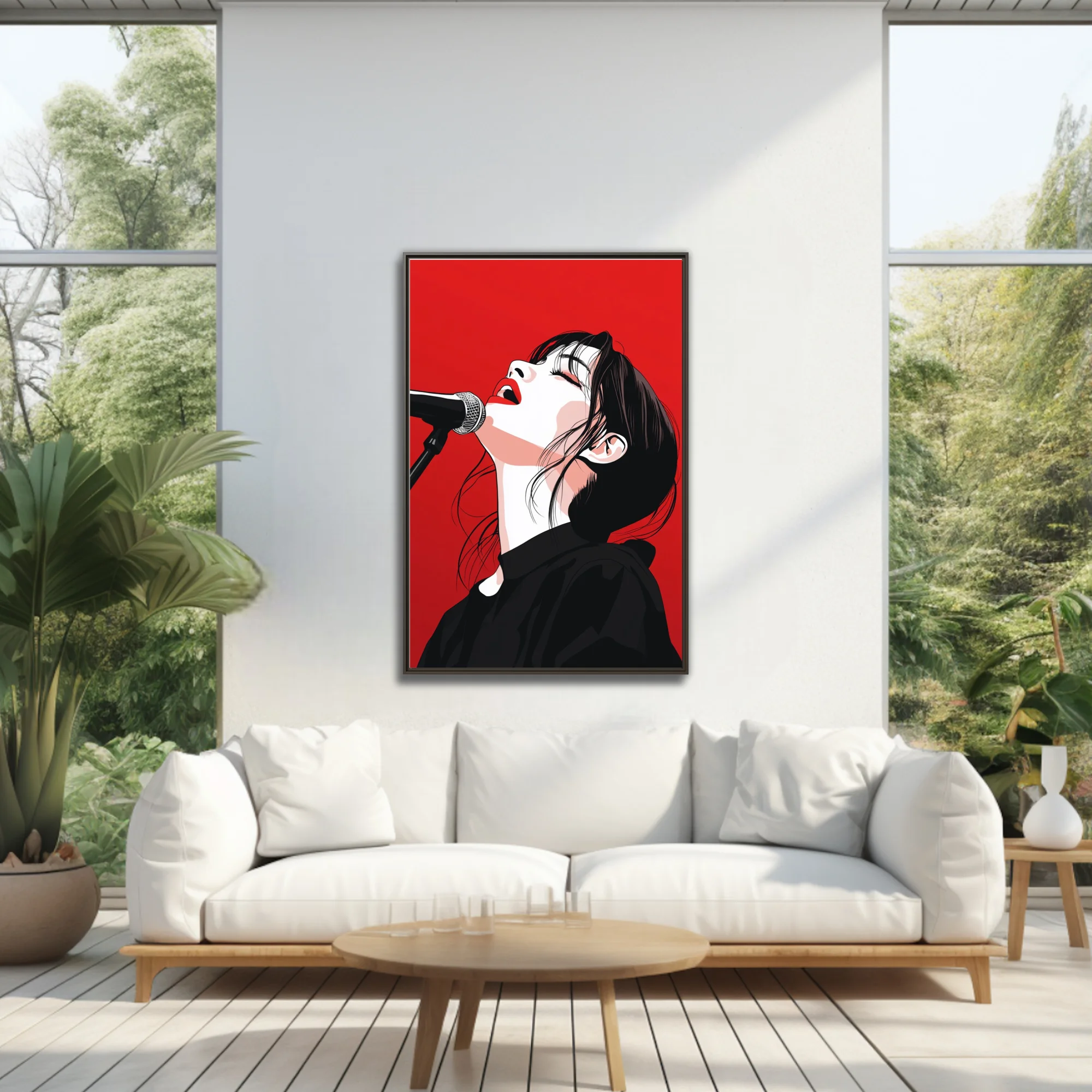 High-contrast graphic illustration of a singer at microphone, red and black palette