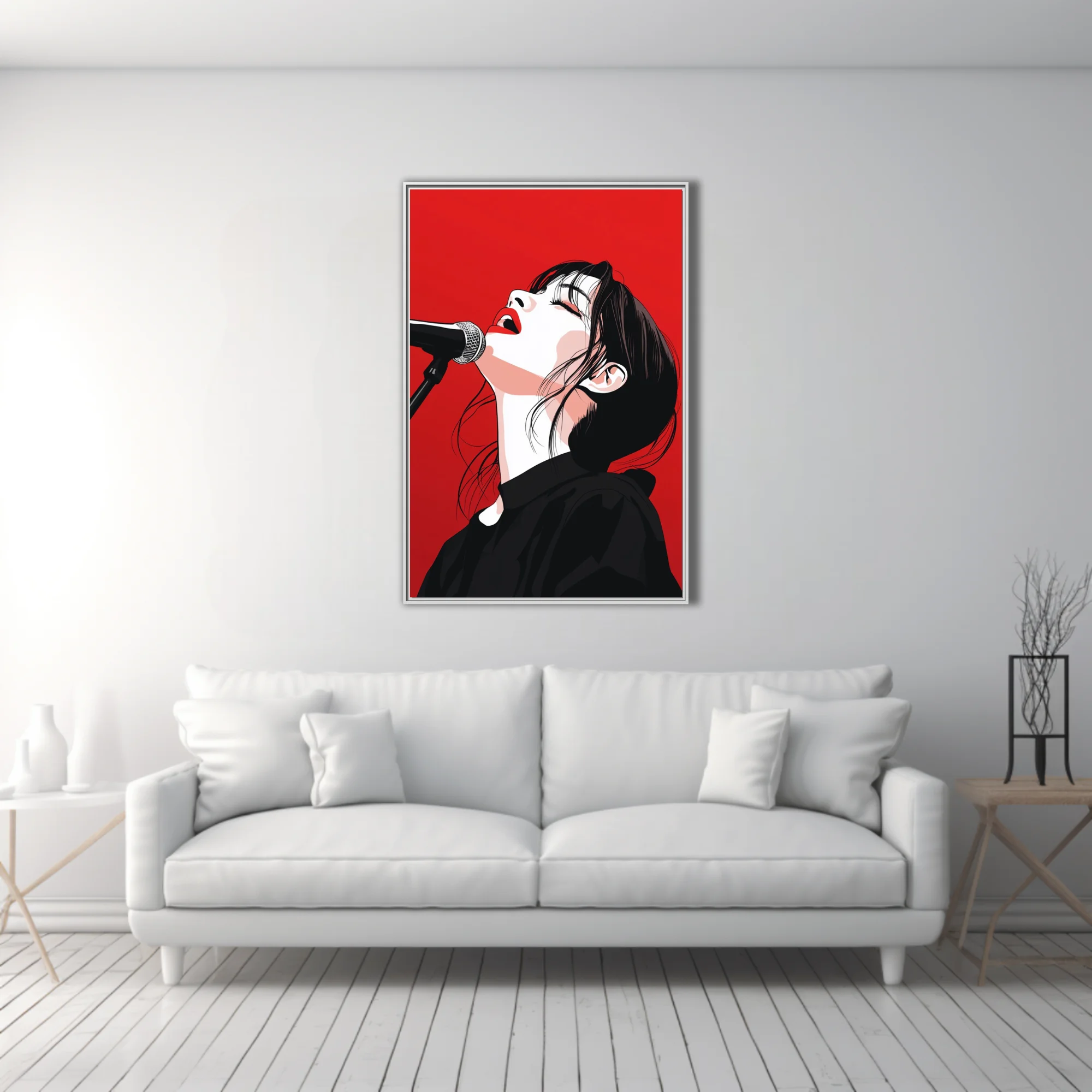 High-contrast graphic illustration of a singer at microphone, red and black palette