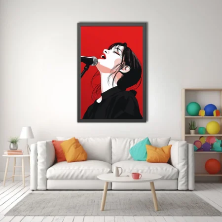 High-contrast graphic illustration of a singer at microphone, red and black palette