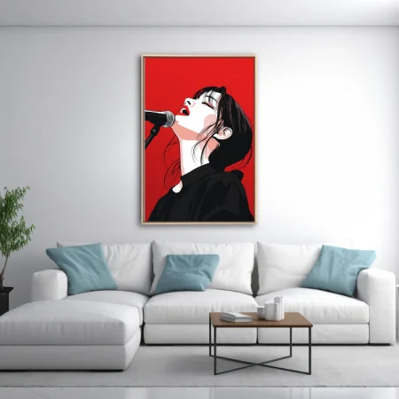 High-contrast graphic illustration of a singer at microphone, red and black palette