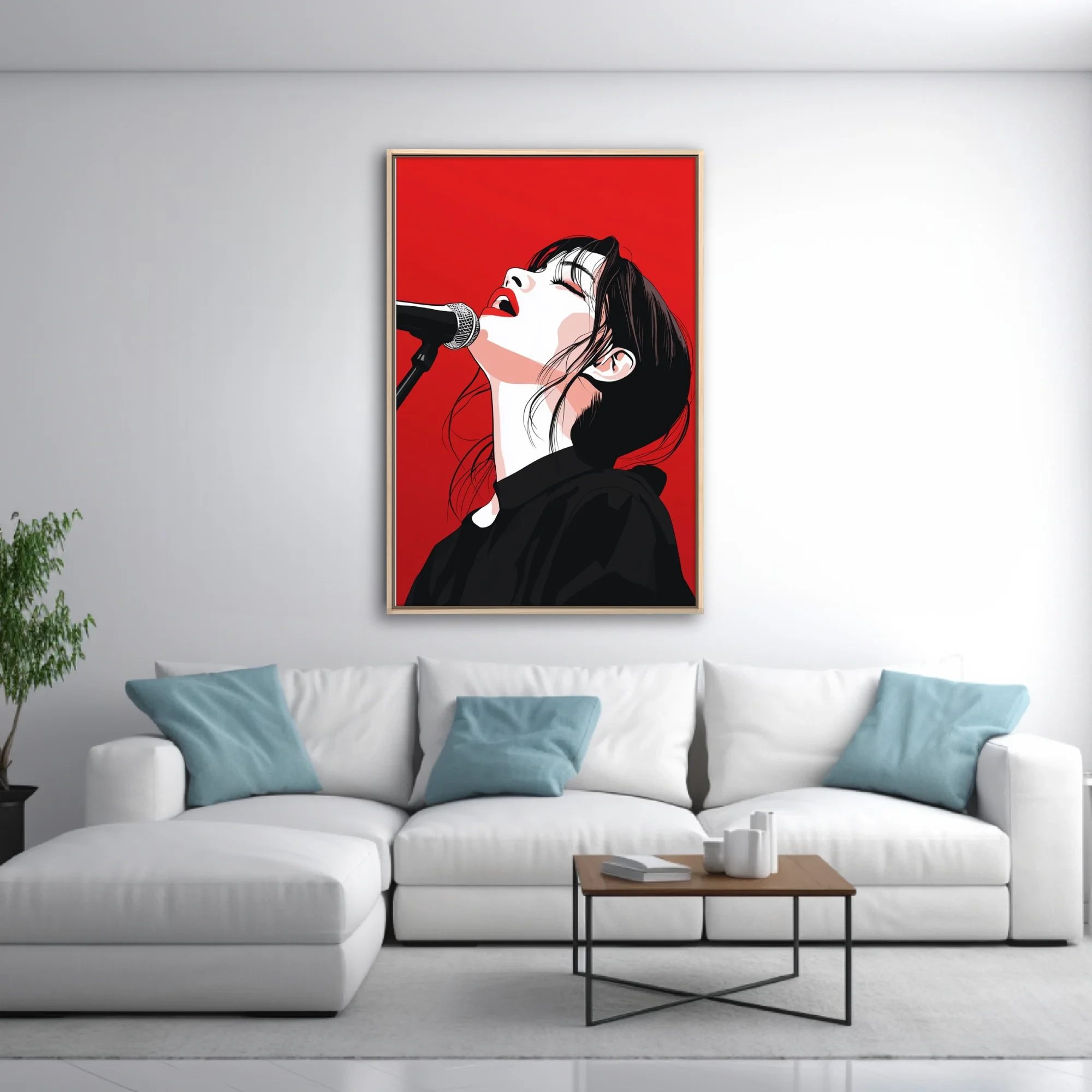 High-contrast graphic illustration of a singer at microphone, red and black palette