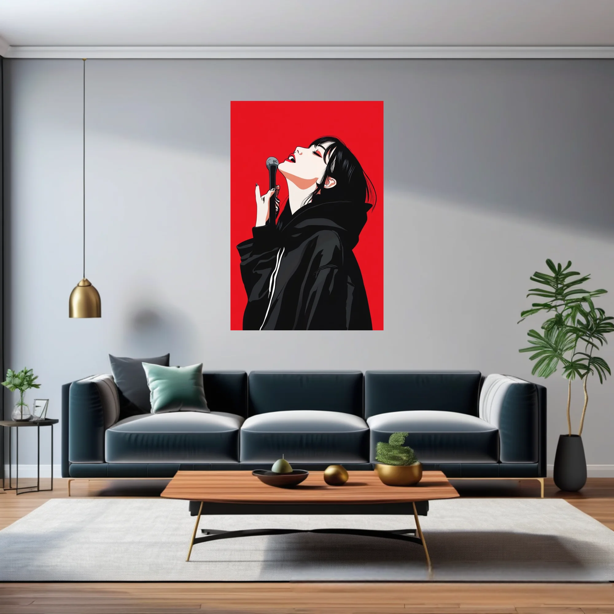 Bold graphic singer with microphone, black and red illustration, high contrast