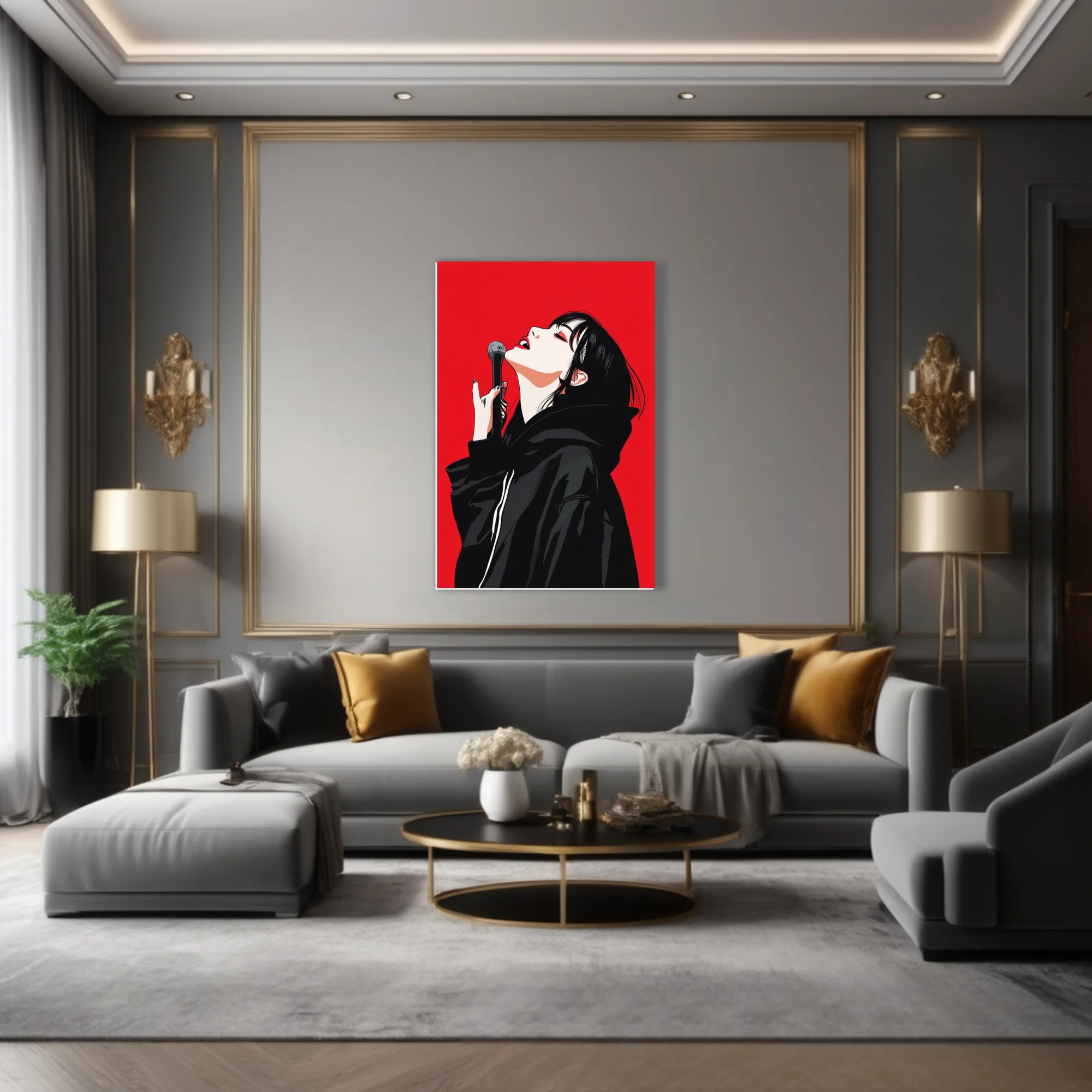 Bold graphic singer with microphone, black and red illustration, high contrast