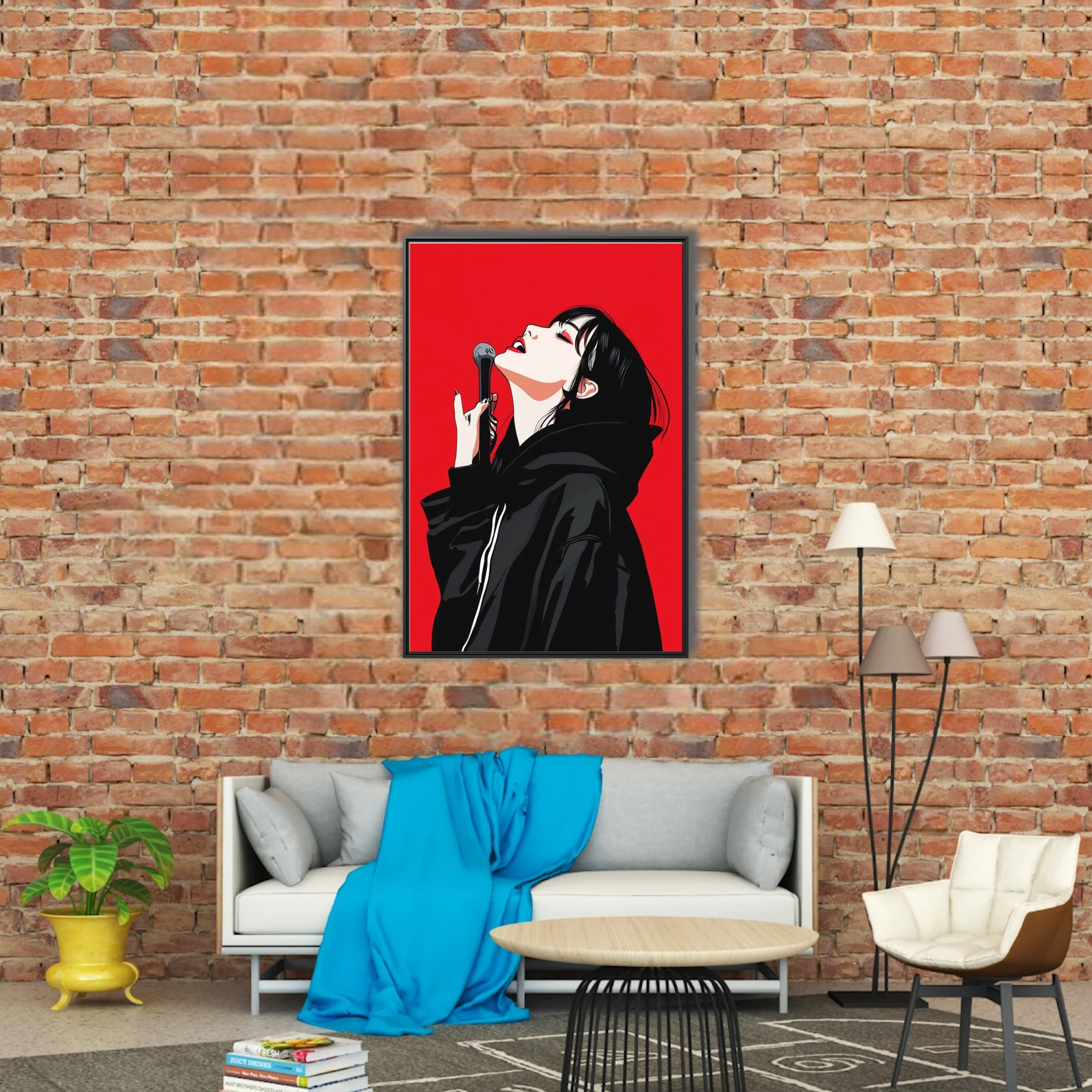 Bold graphic singer with microphone, black and red illustration, high contrast
