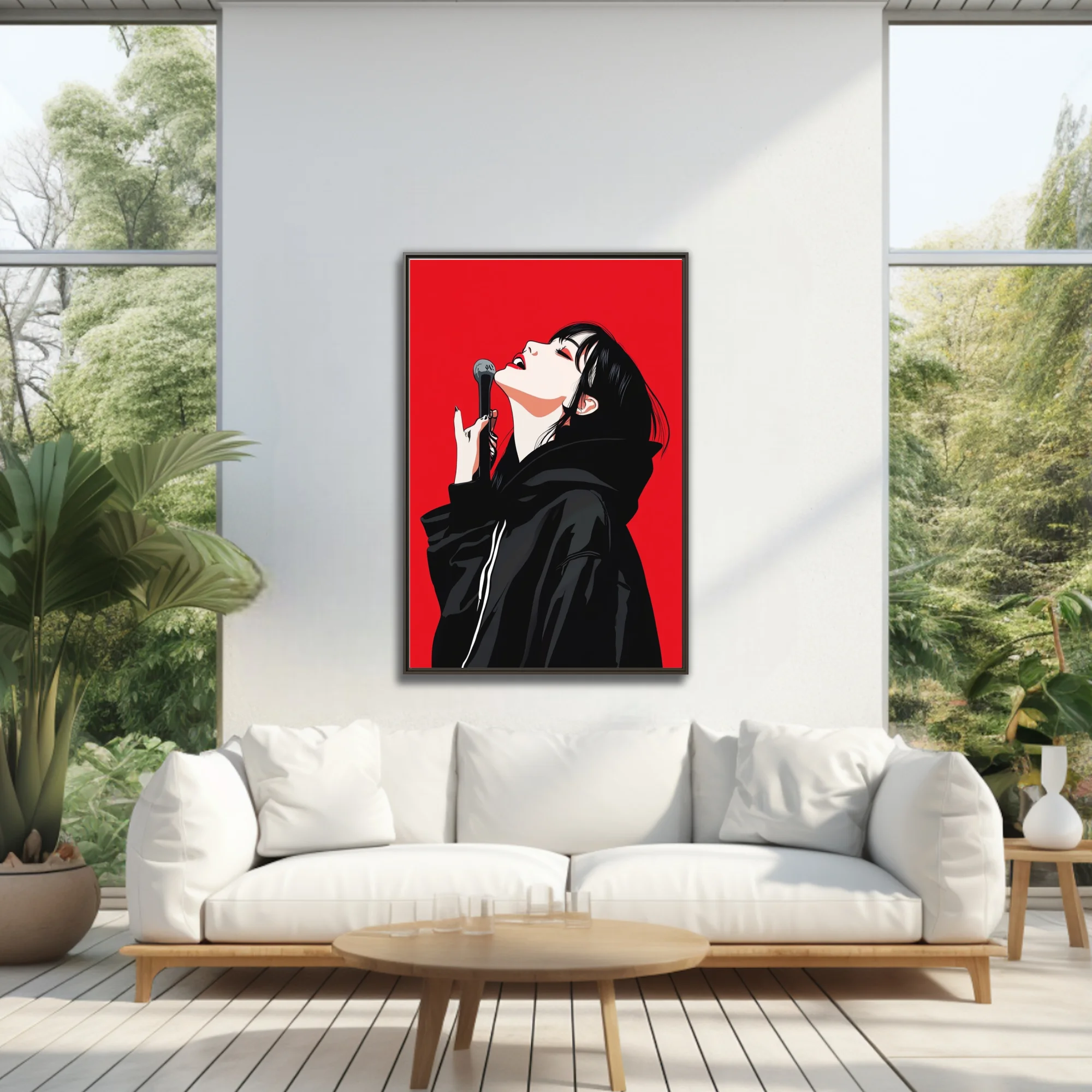 Bold graphic singer with microphone, black and red illustration, high contrast
