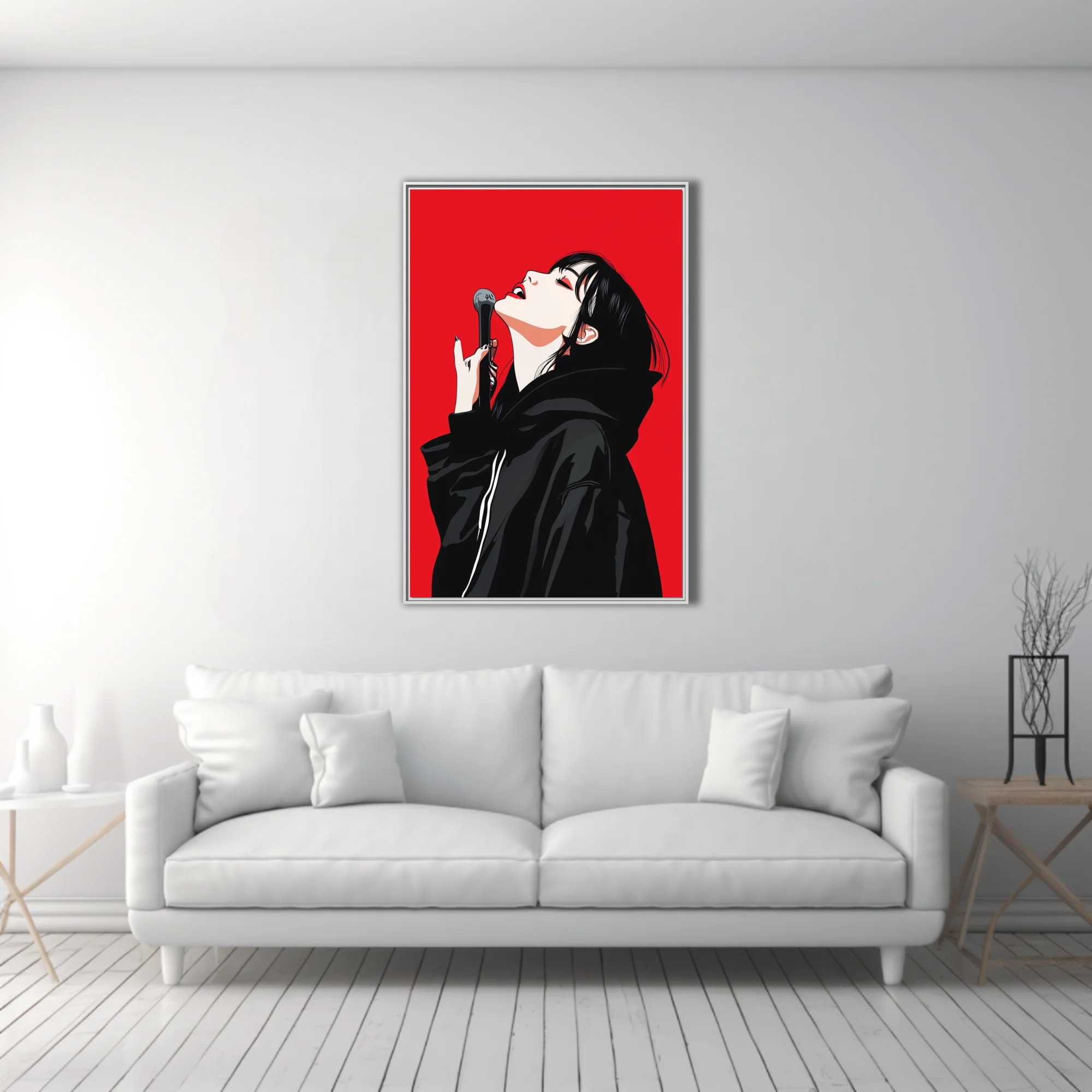 Bold graphic singer with microphone, black and red illustration, high contrast
